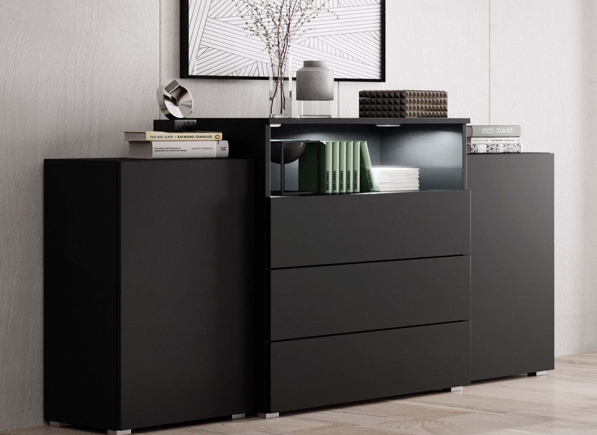 Aparador negro de 2 puertas y 3 cajones con iluminación LED - MARCEL