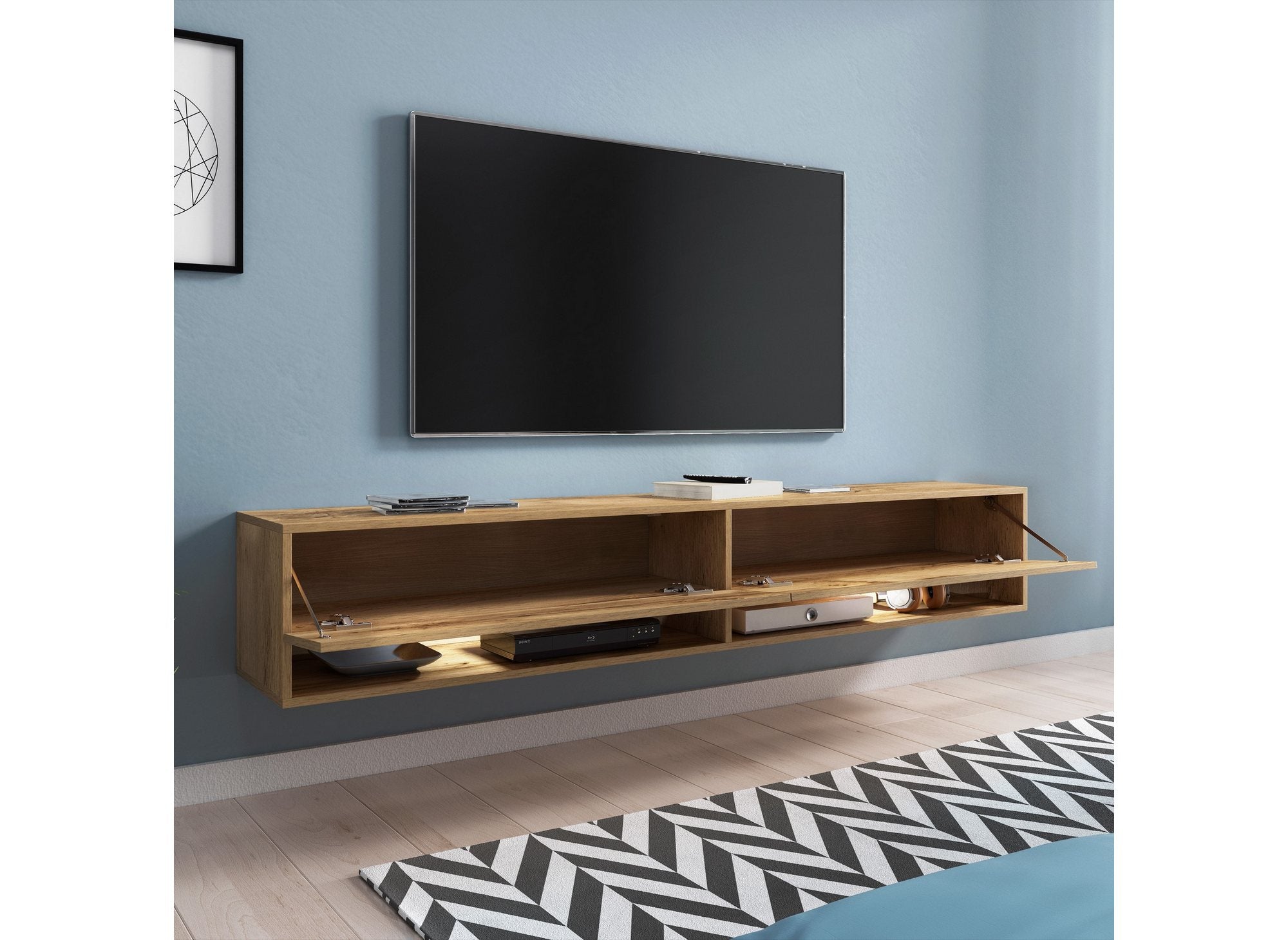 Mueble de TV mural ROMANE XXL de roble, con 2 puertas y 2 estantes - 180 cm