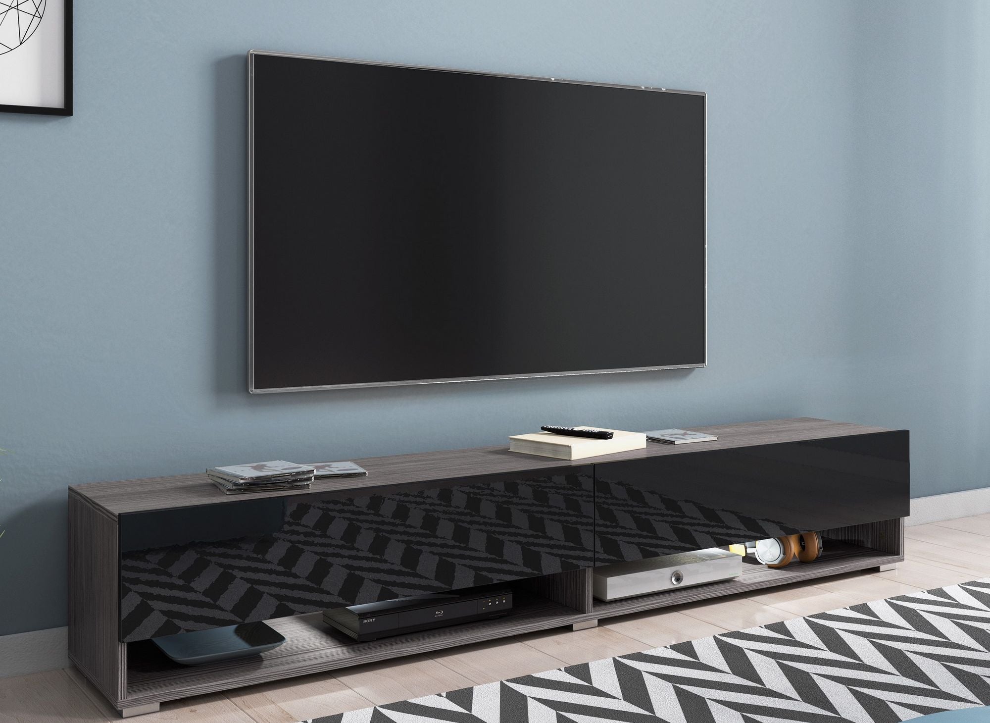 Mueble de TV mural ROMANE XXL con 2 puertas y 2 estantes, gris oscuro y negro - 180 cm