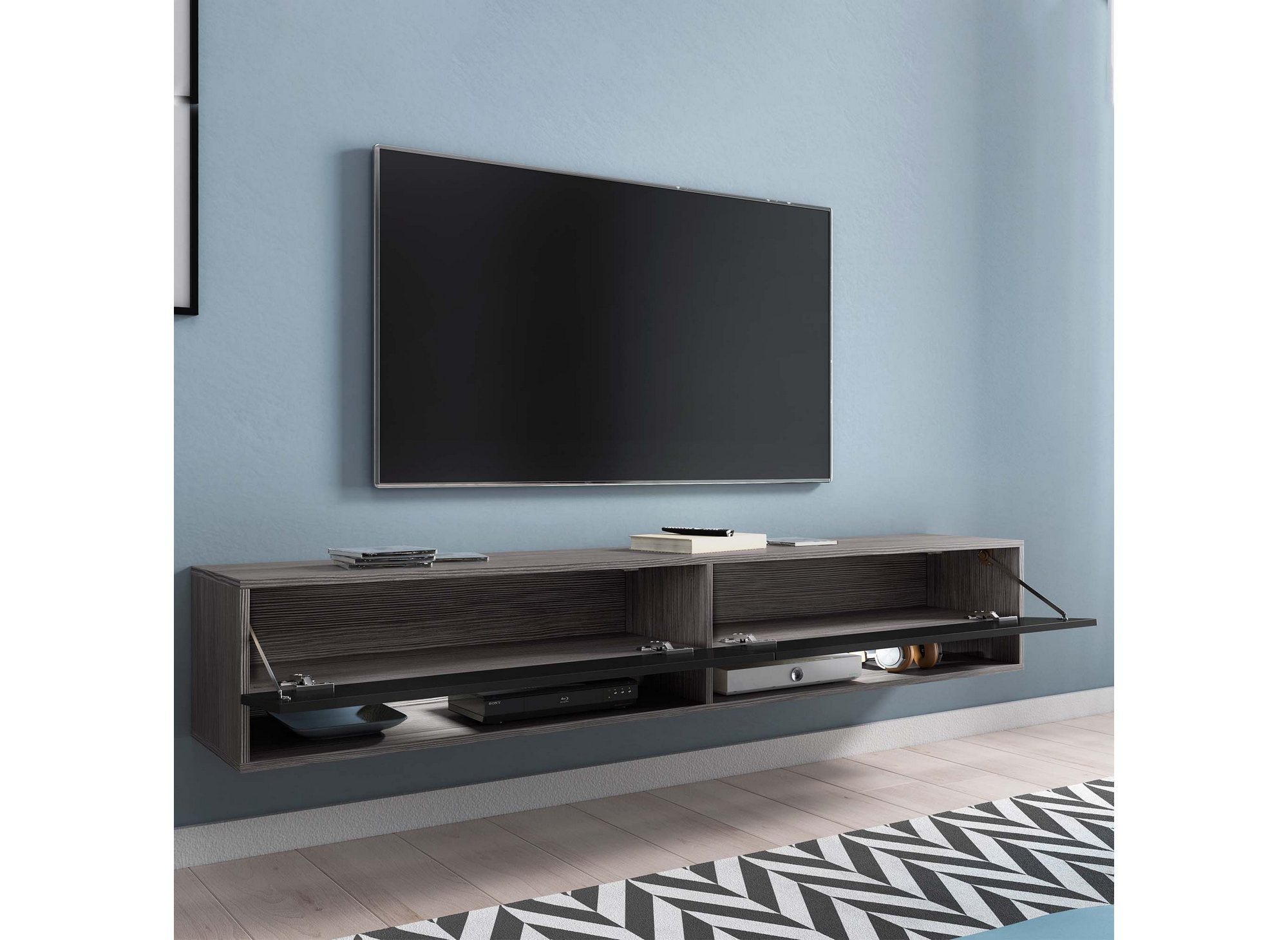 Mueble de TV mural ROMANE XXL con 2 puertas y 2 estantes, gris oscuro y negro - 180 cm