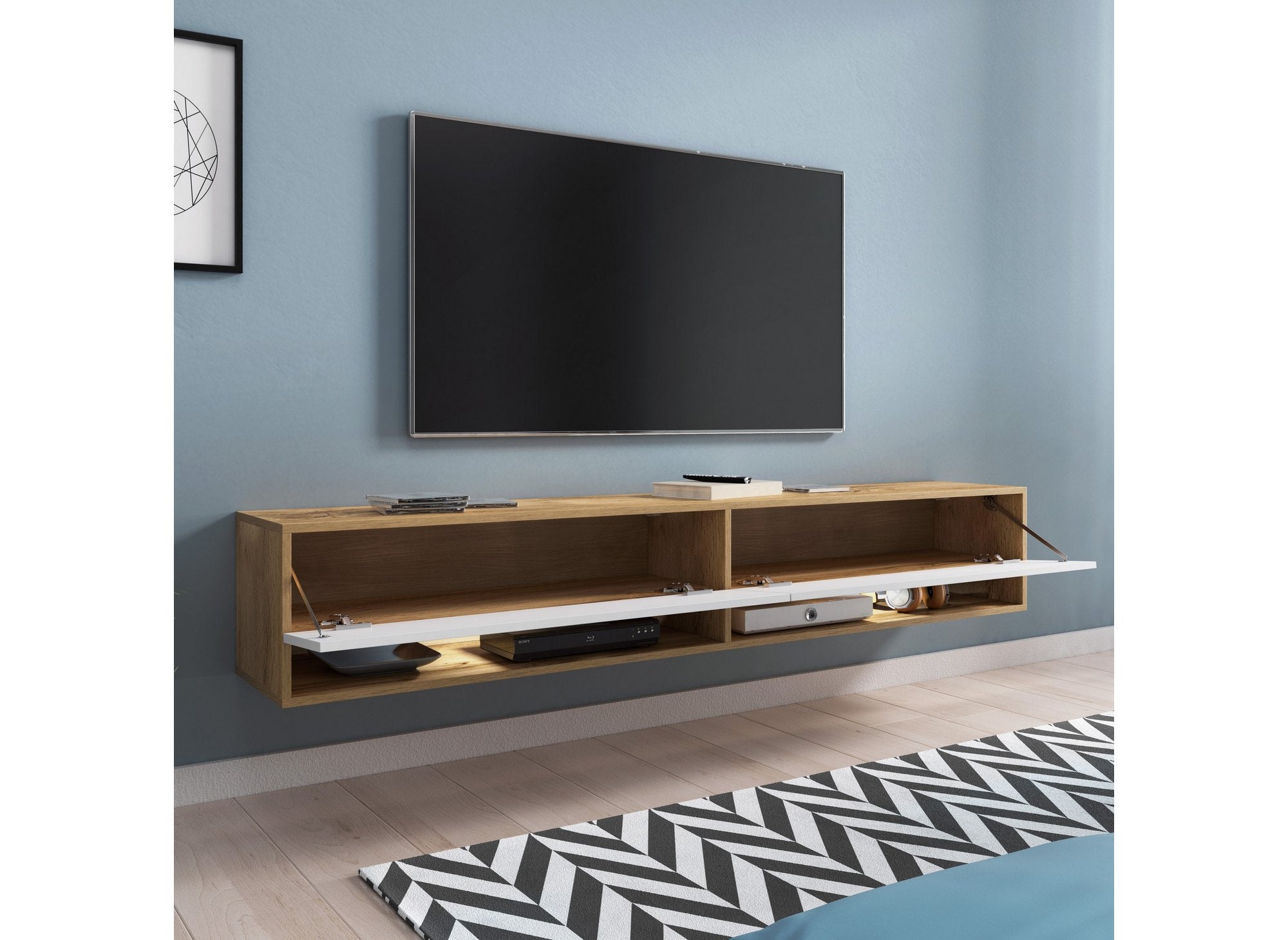 Mueble de TV mural ROMANE XXL con 2 puertas y 2 estantes en roble y blanco - 180 cm