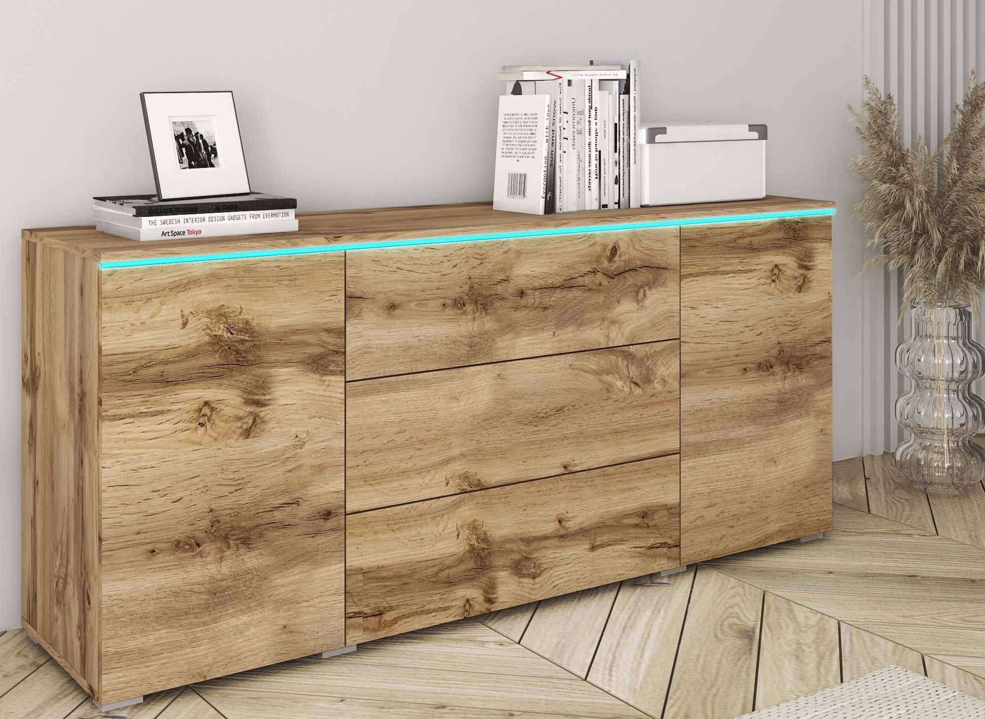 Aparador ALEXIA de roble con 2 puertas y 3 cajones con iluminación LED