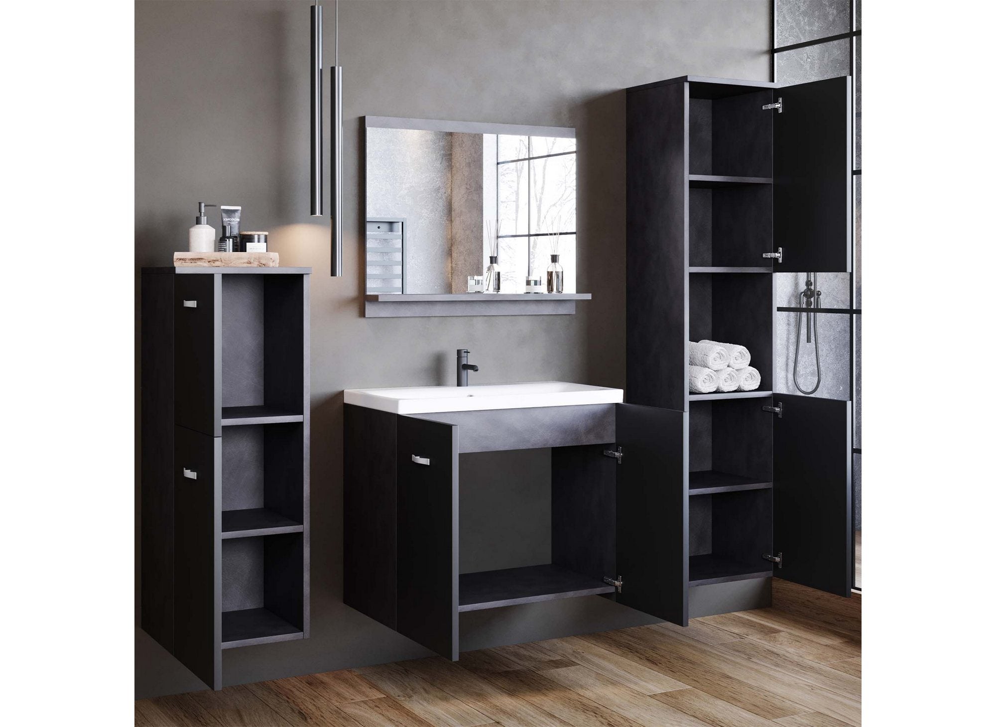 Conjunto de muebles de baño de diseño ALBY para colgar en la pared - Gris antracita y negro