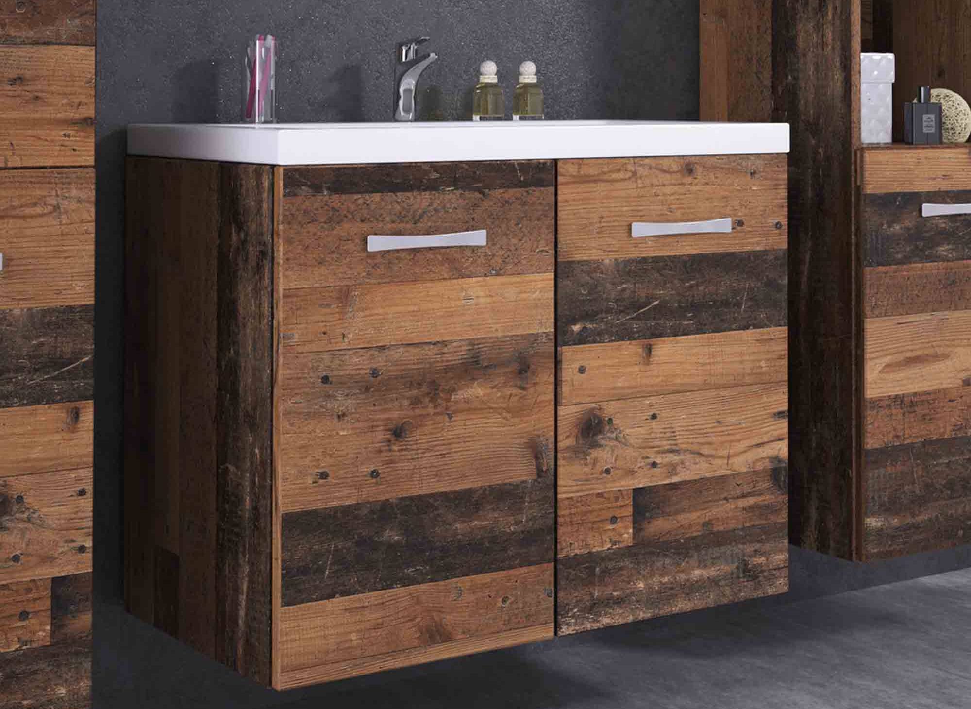 Conjunto de muebles de baño de diseño ALBY para montaje en pared - Efecto madera envejecida