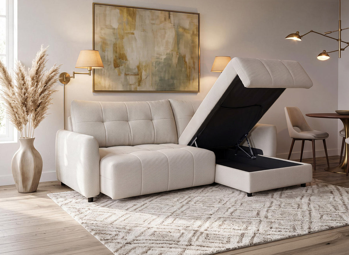 Sofá esquinero relax reversible con cómoda en tejido texturado beige KALINKA