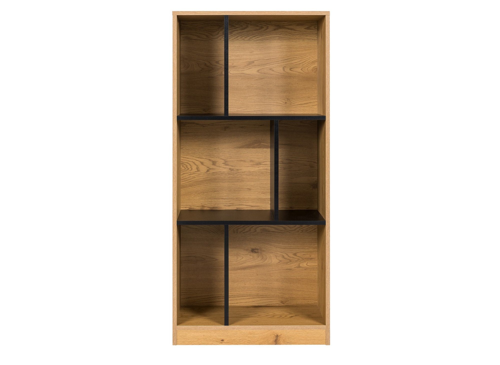 Librería de diseño OFELIA en madera negra y roble con 6 nichos