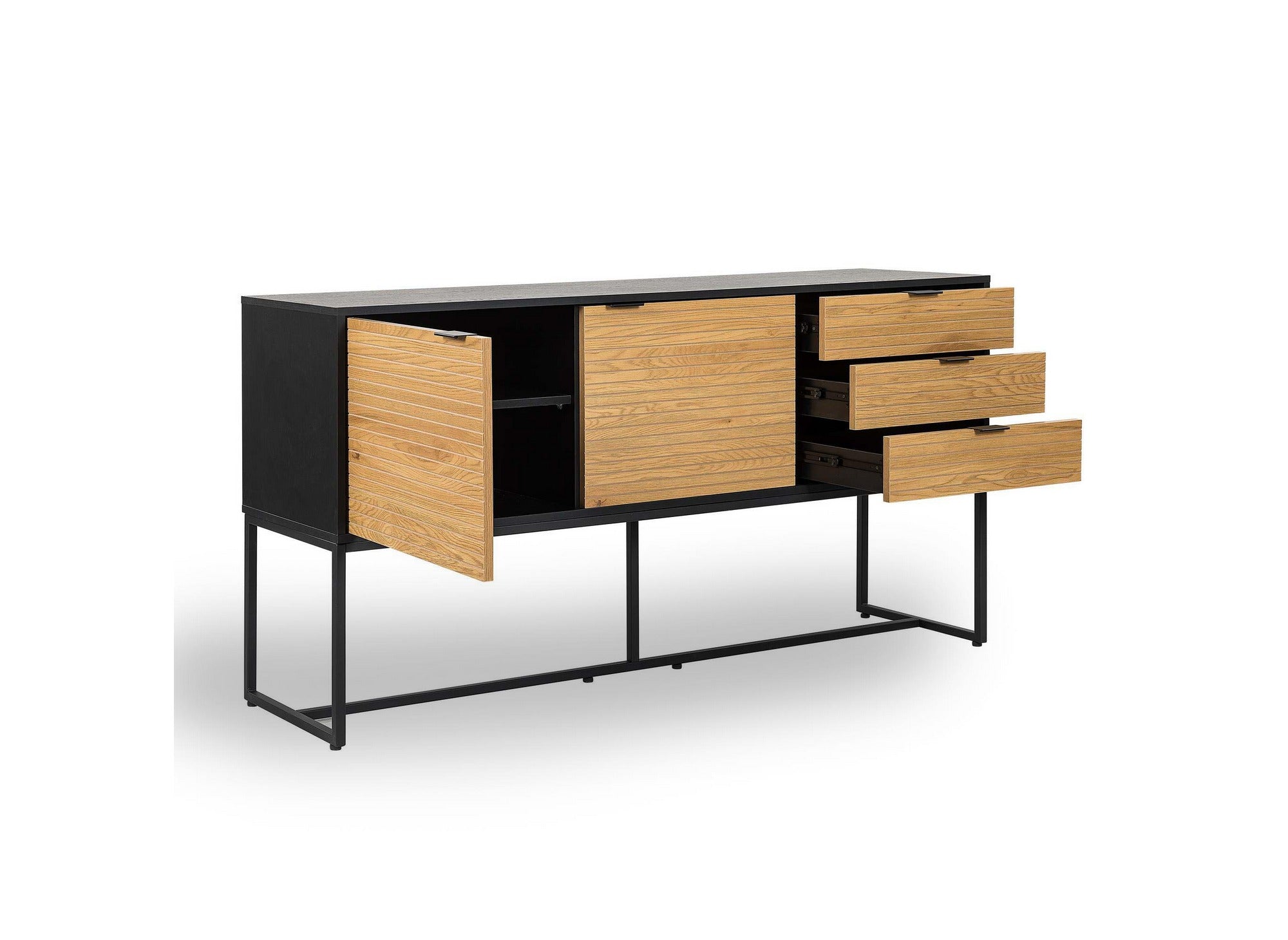 Aparador TISSIA de 3 cajones y 2 puertas en madera clara y metal negro