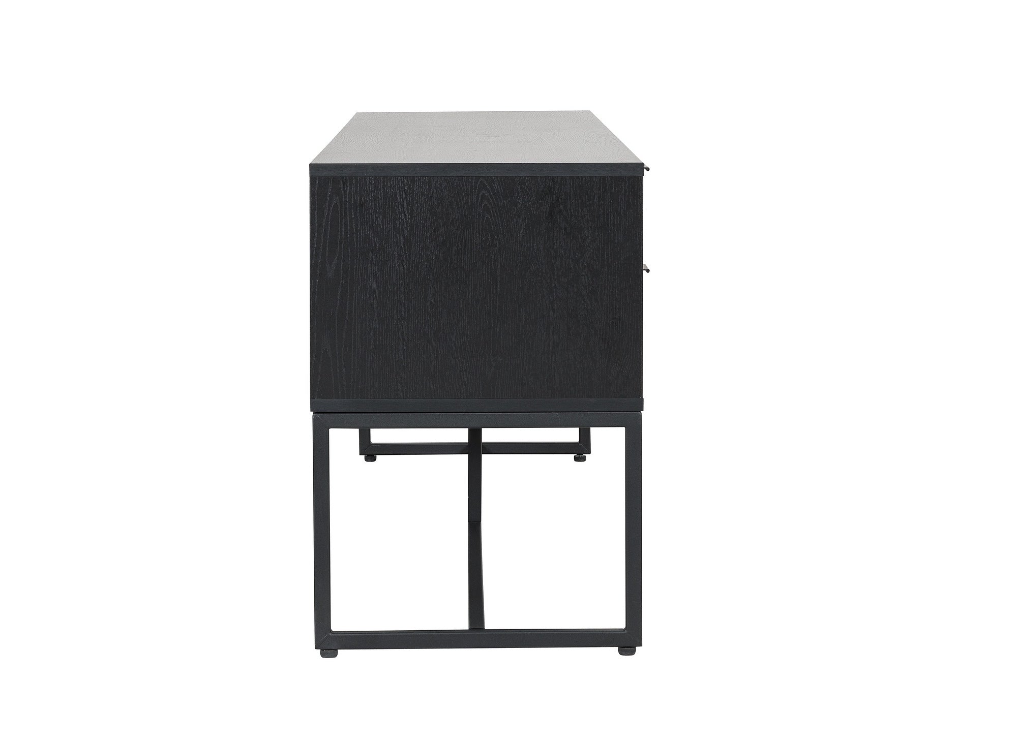 Mueble de TV TISSIA con 2 cajones y 1 puerta, fabricado en madera clara y metal negro.