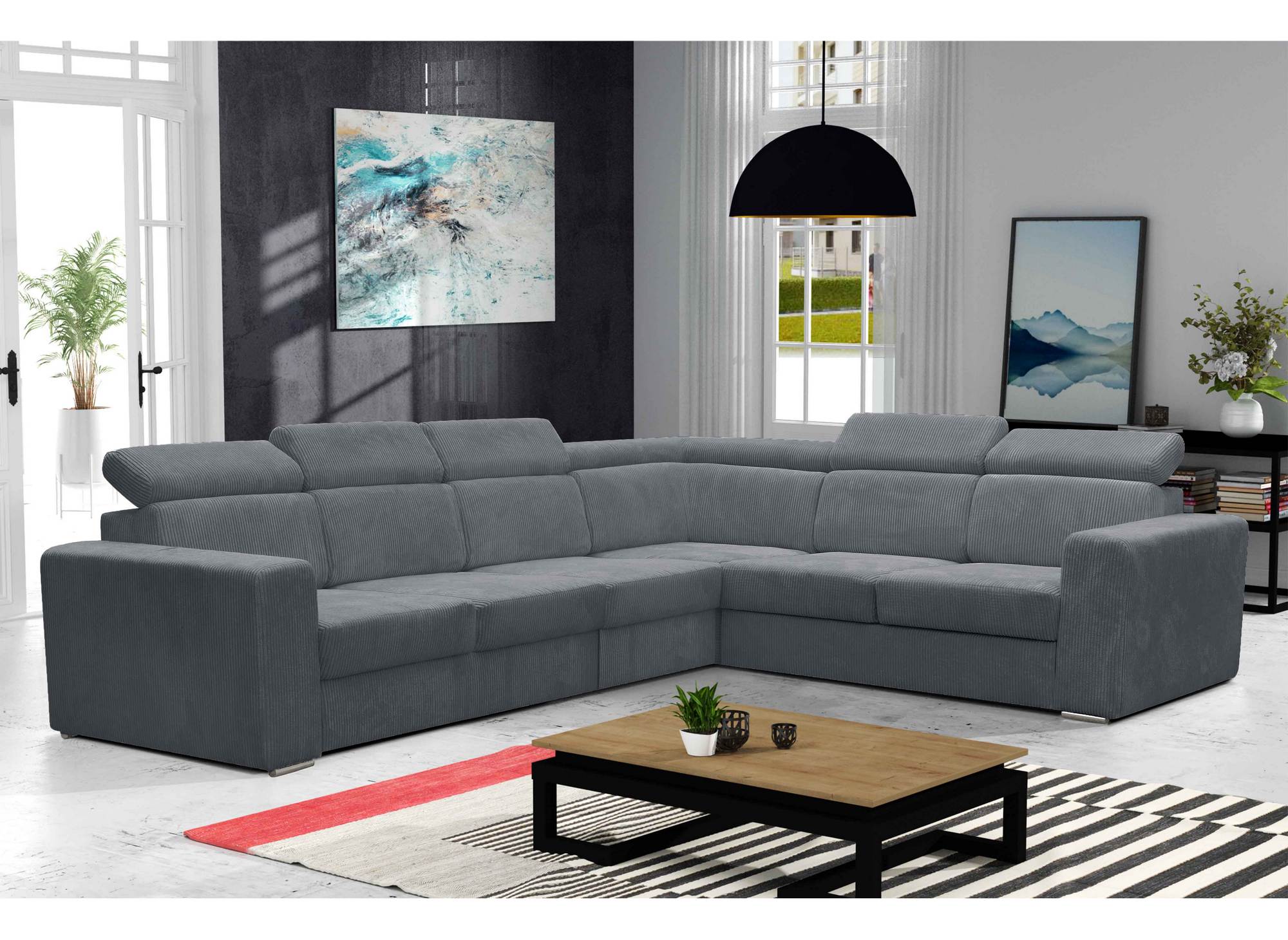 Sofá esquinero convertible y reversible MERYL XL en pana gris oscuro