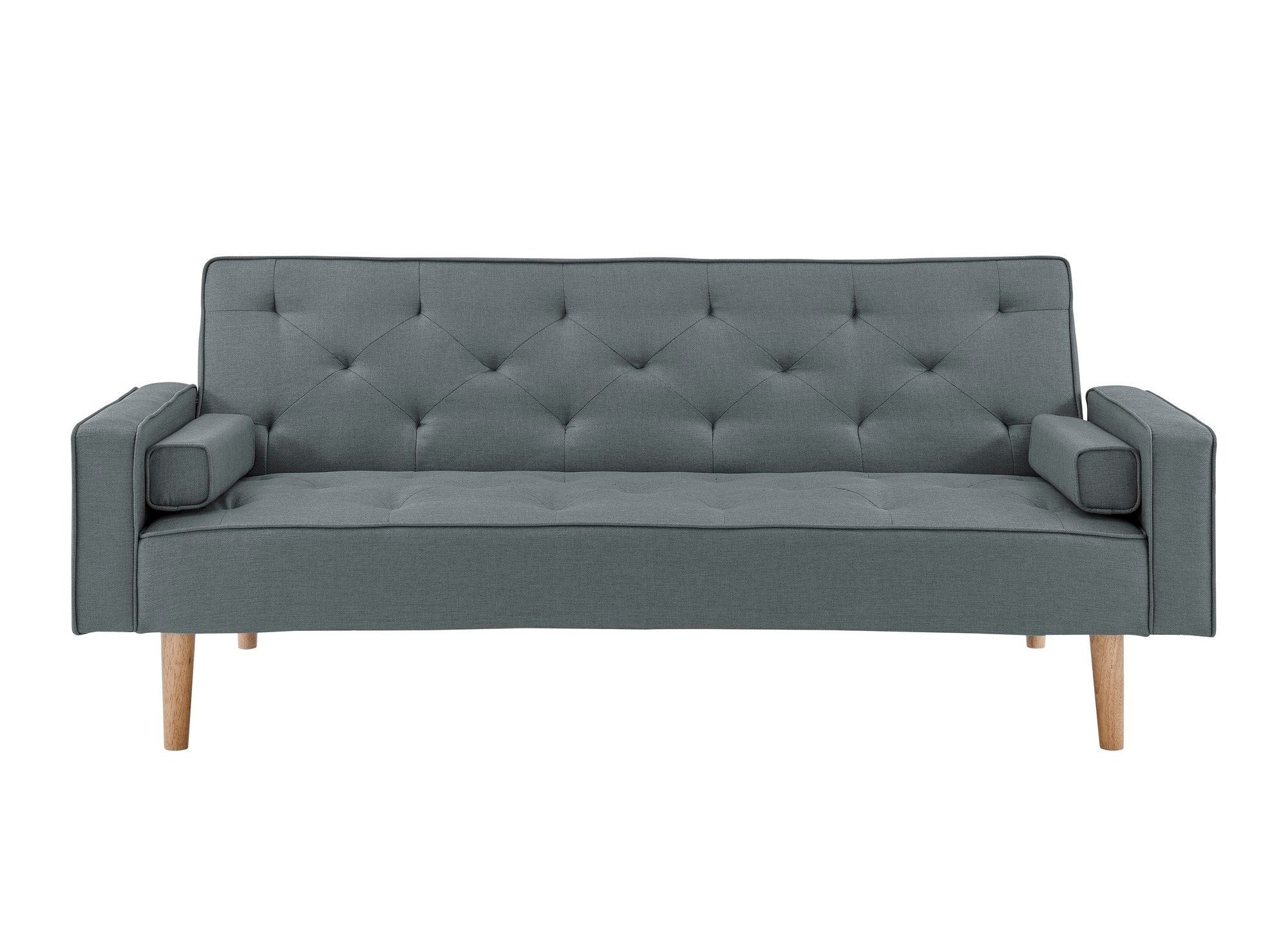 Sofá JAKARTA de tela gris oscuro con mecanismo clic-clac y patas de madera