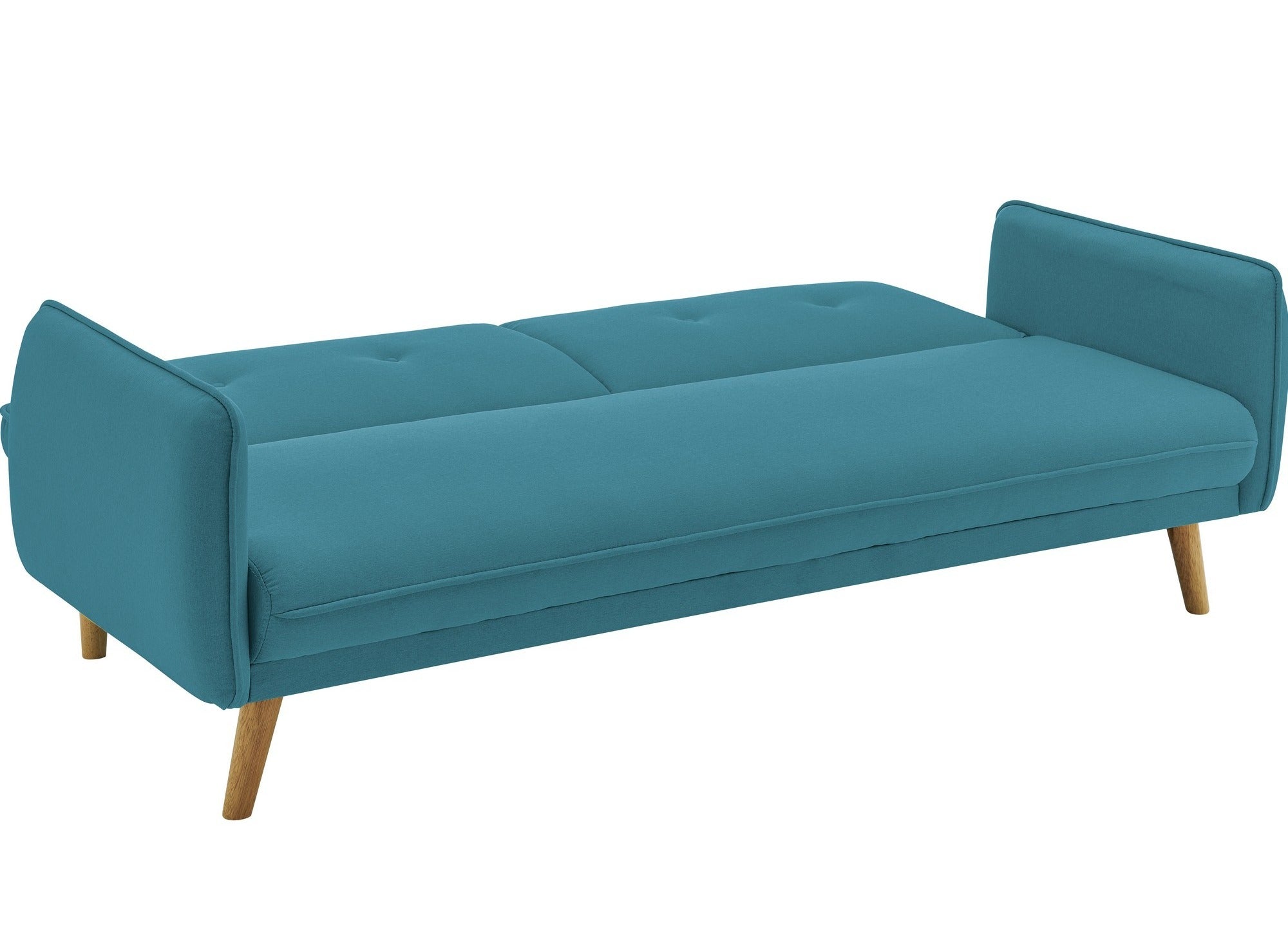 Sofá NATAL azul tapizado con mecanismo clic-clac y patas de madera