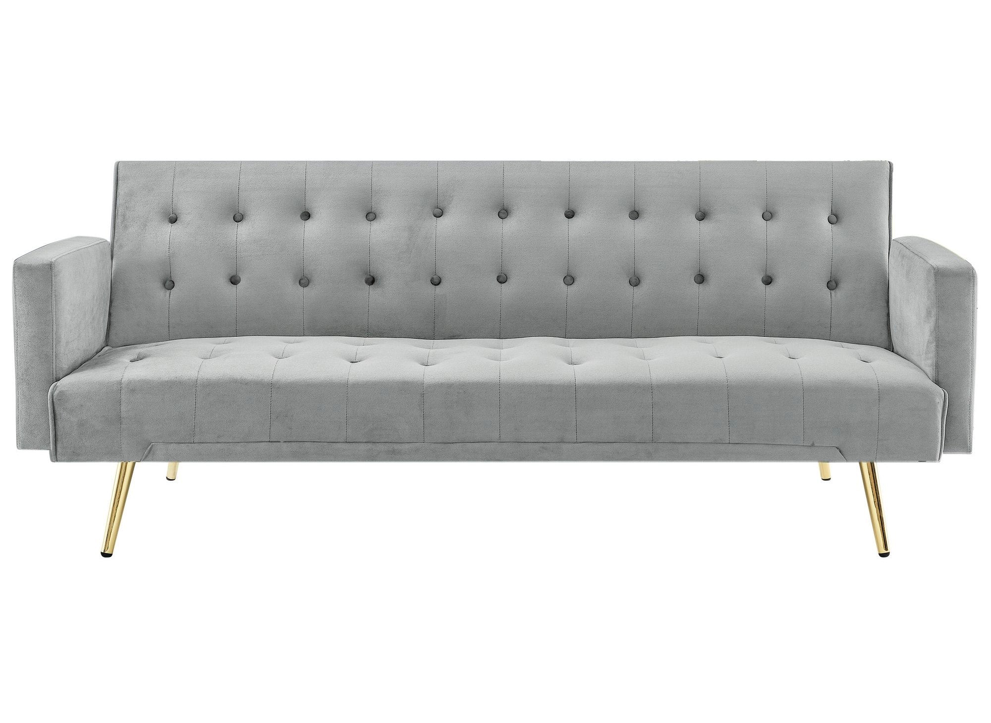 Sofá CHICAGO de terciopelo gris con mecanismo clic-clac y patas de metal dorado