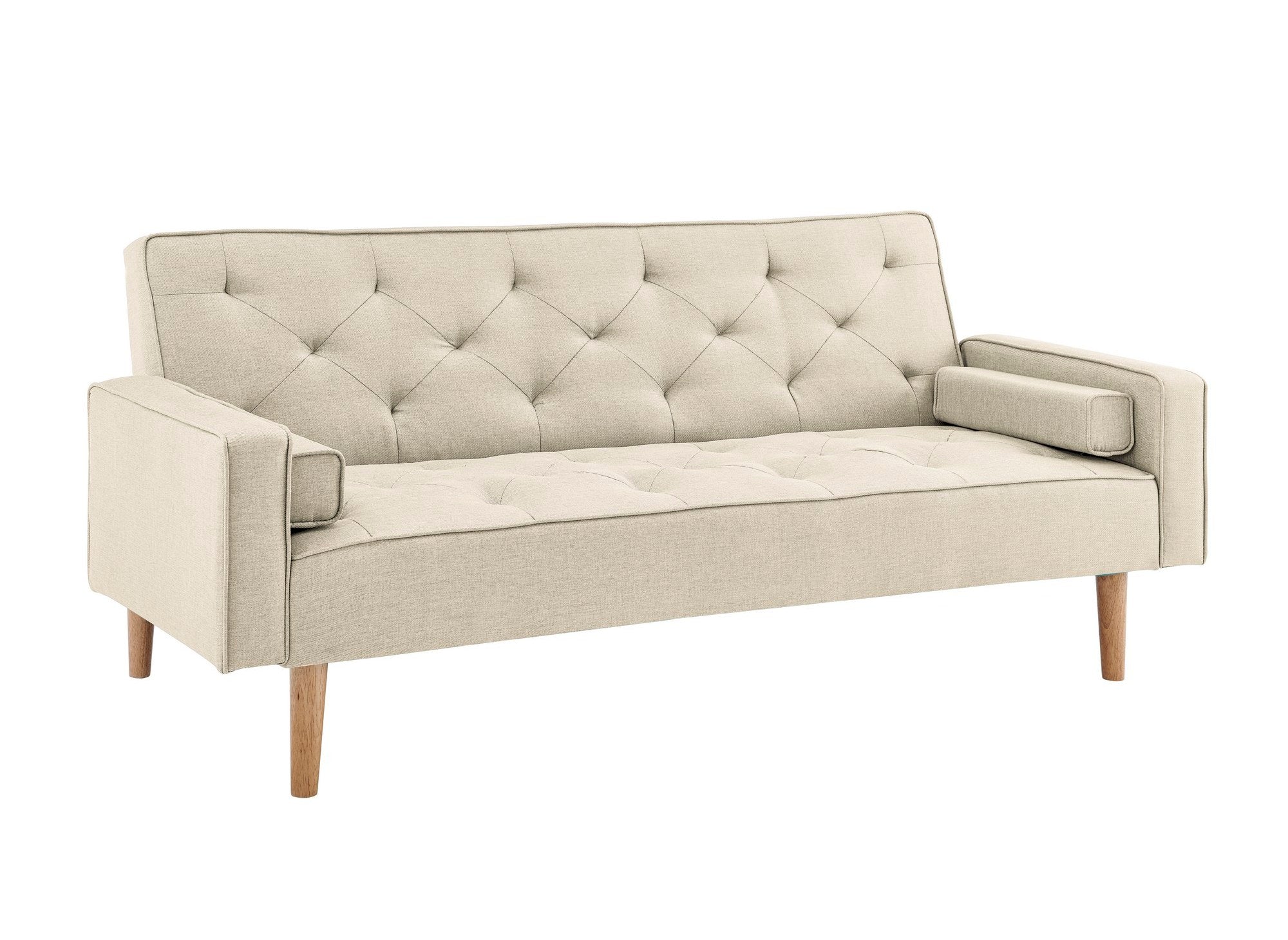 Sofá JAKARTA de tela beige con mecanismo clic-clac y patas de madera