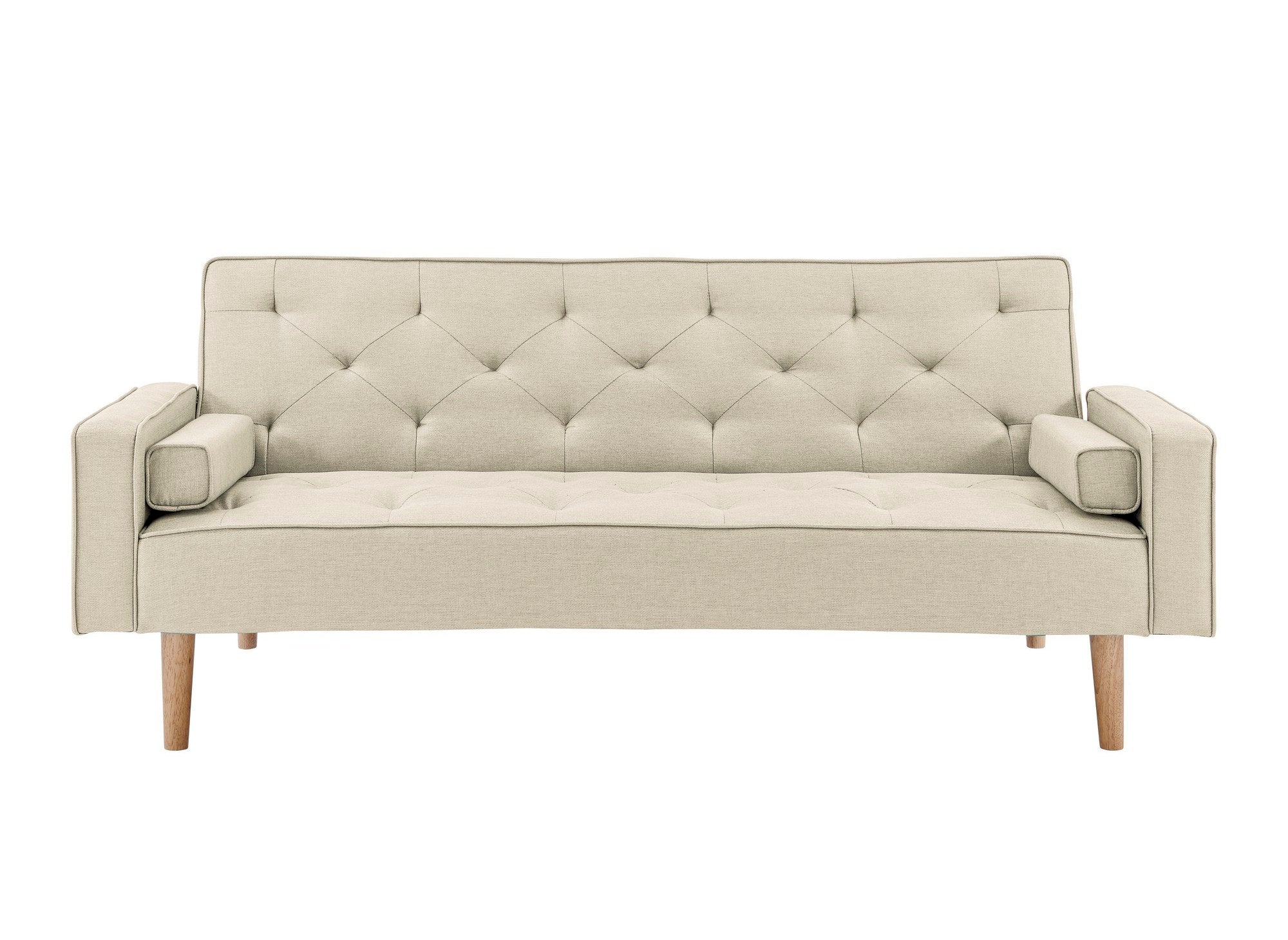 Sofá JAKARTA de tela beige con mecanismo clic-clac y patas de madera