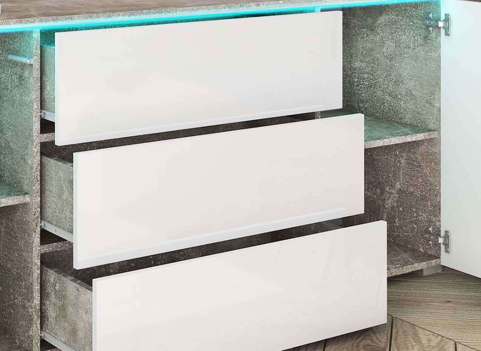 Aparador ALEXIA de 2 puertas y 3 cajones en blanco y hormigón con iluminación LED - ALEXIA