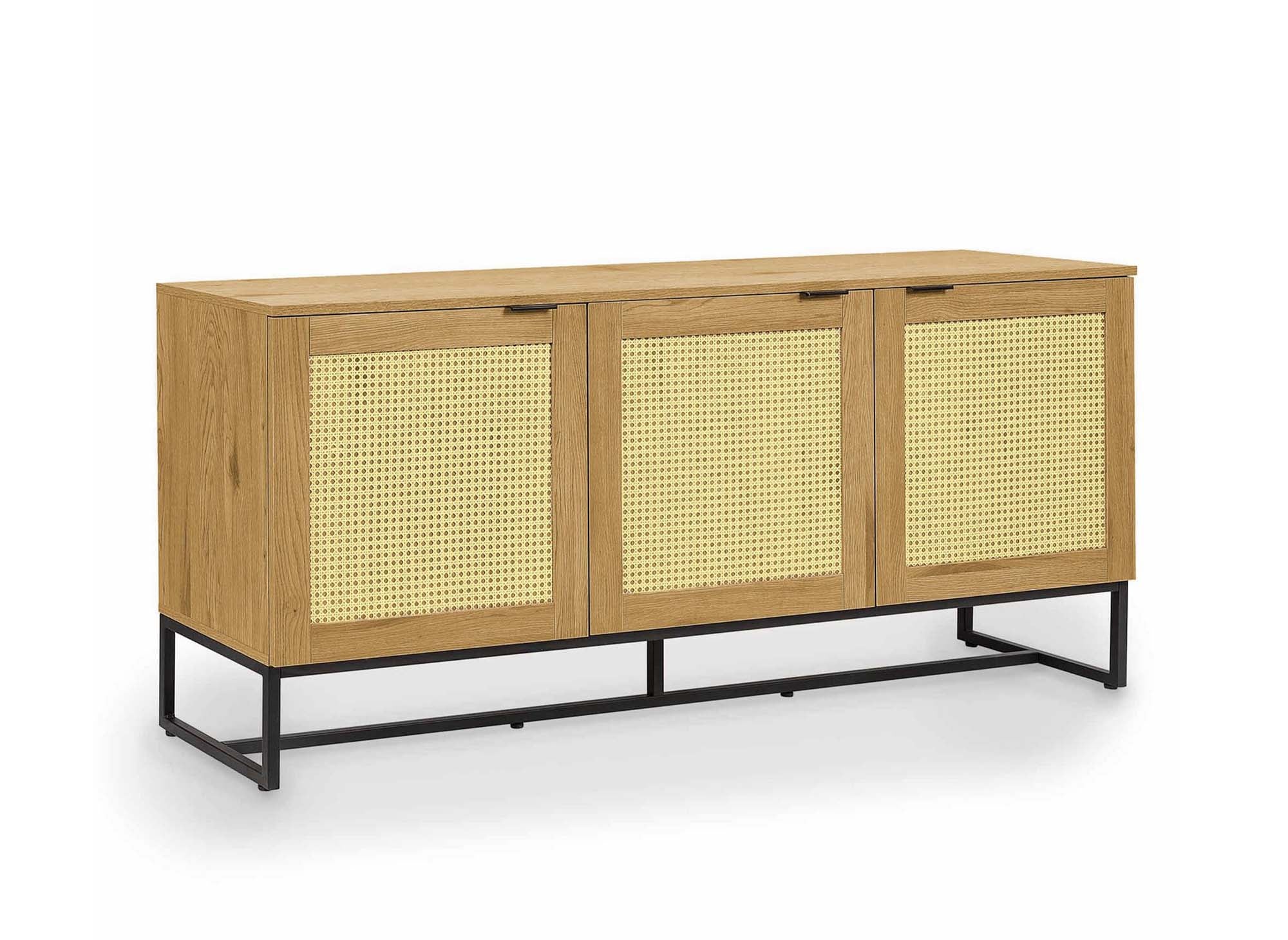 Aparador escandinavo TULLIO de 3 puertas en madera, metal y rejilla.