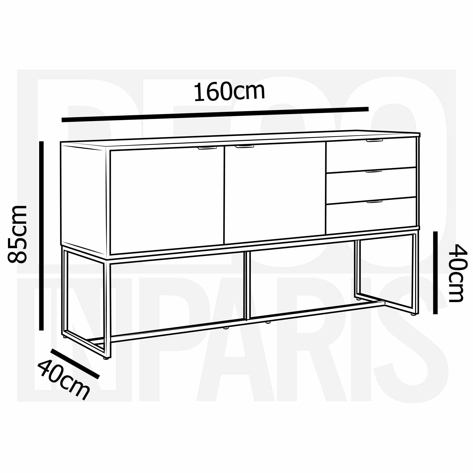 Aparador TISSIA de 3 cajones y 2 puertas en madera clara y metal negro