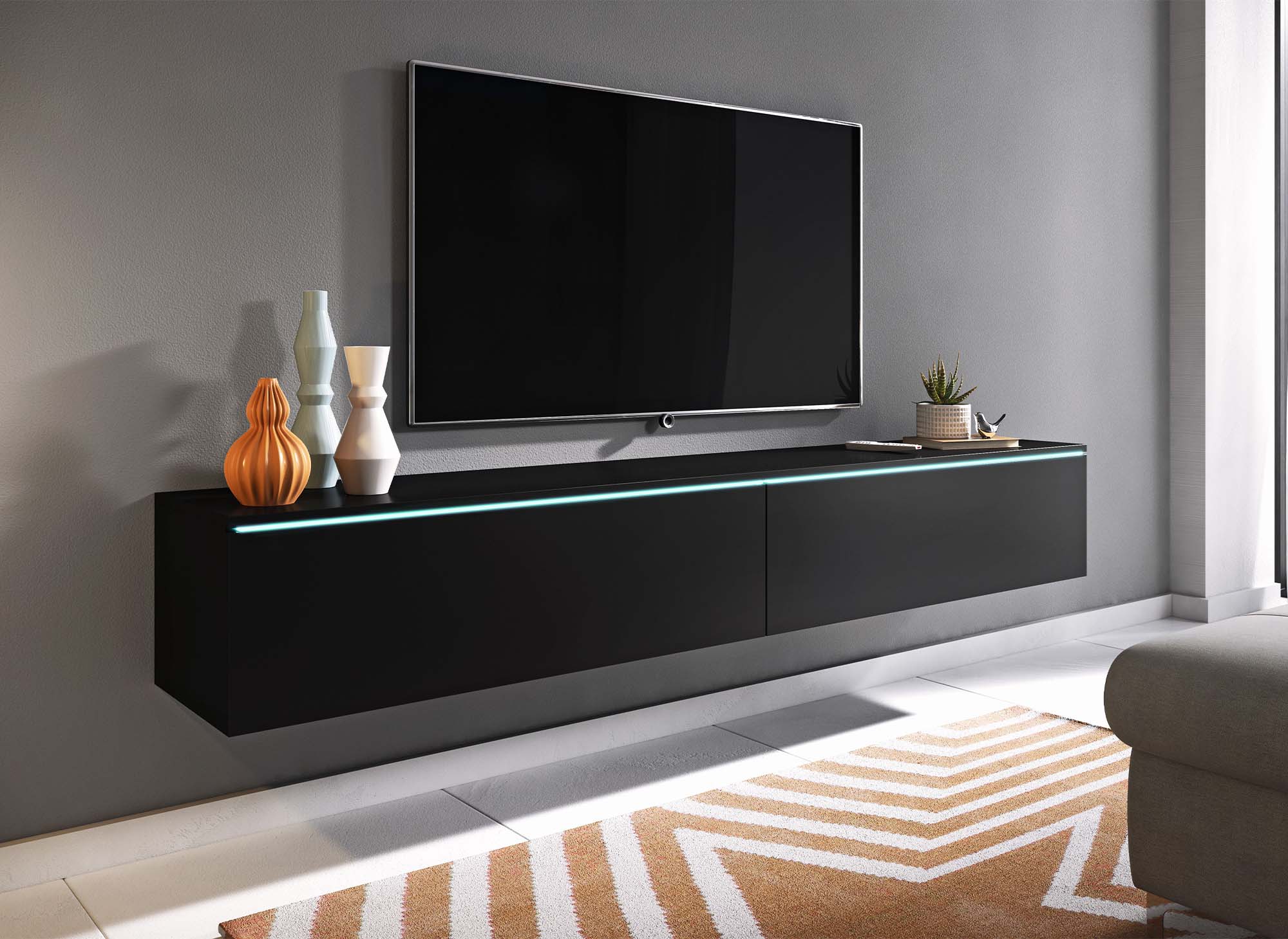 Mueble de TV MALORIE contemporáneo negro con iluminación LED y 2 puertas - 180 cm