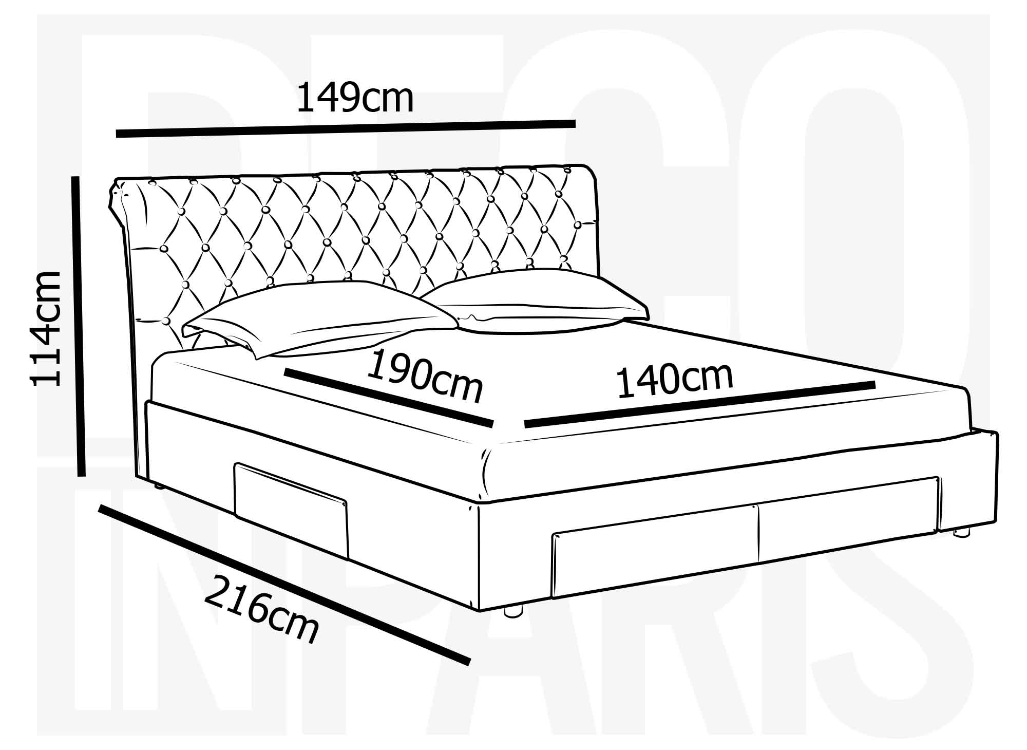 Cama doble con 4 cajones en lino gris 140x190 cm LEANDRÉ