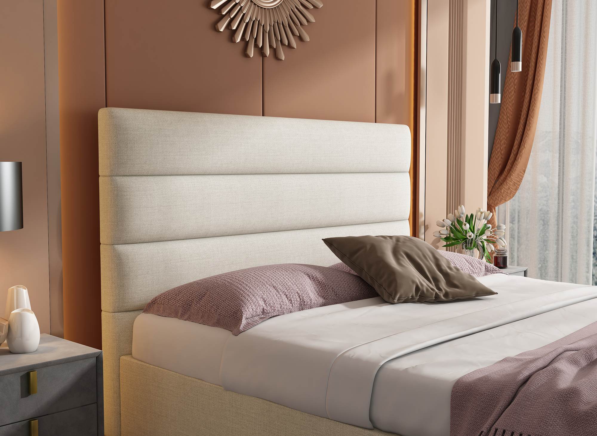 Cama con almacenaje SHANNA de 180 x 200 cm, tapizada en lino beige.