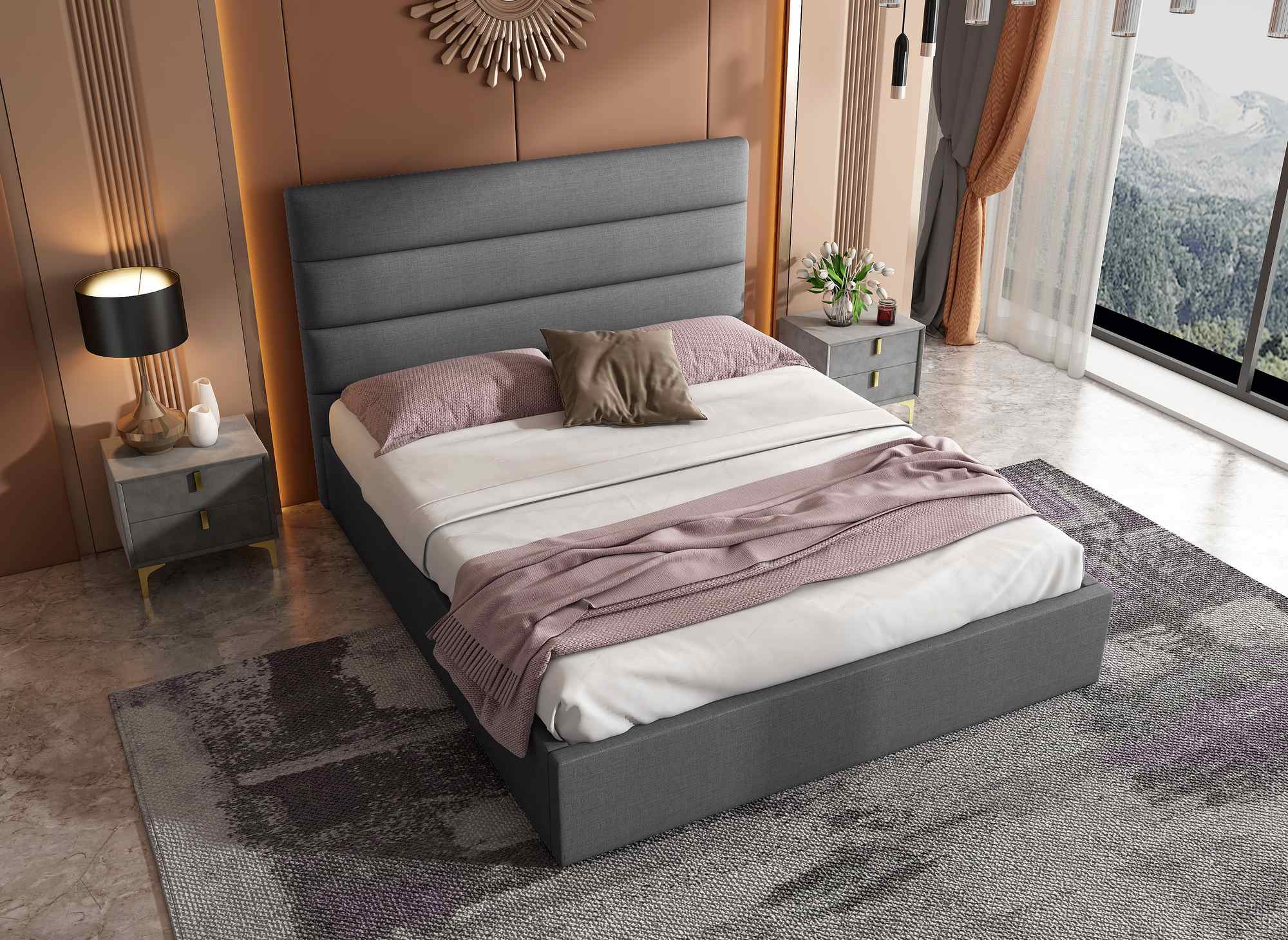 Cama con almacenaje SHANNA de 160 x 200 cm, tapizada en lino gris.