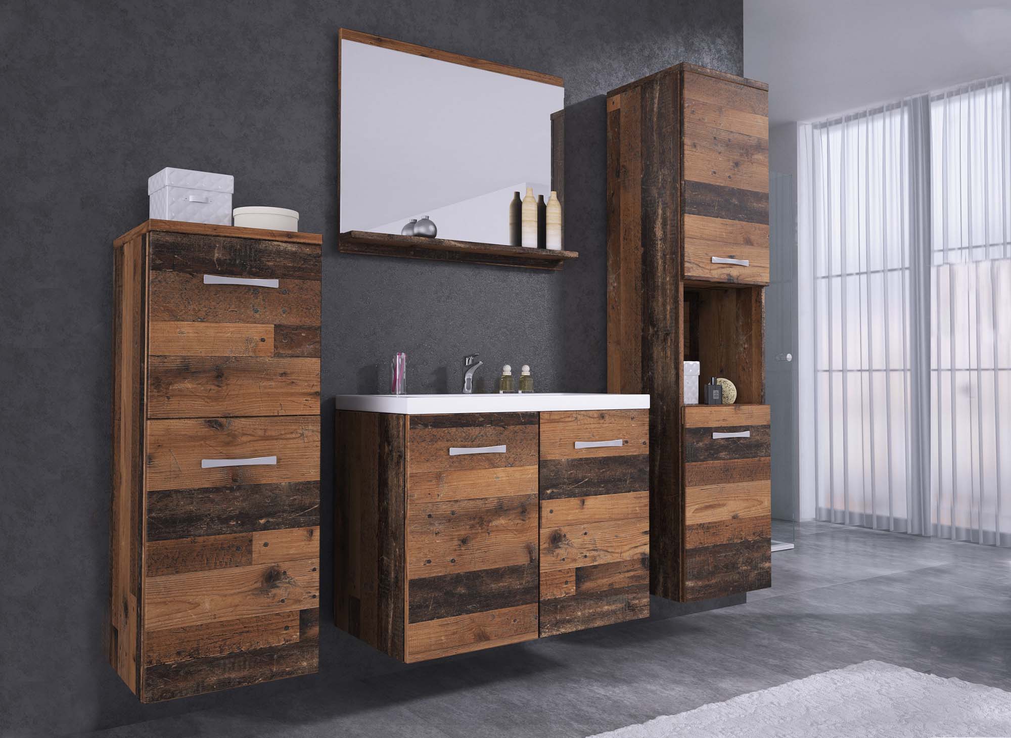Conjunto de muebles de baño de diseño ALBY para montaje en pared - Efecto madera envejecida
