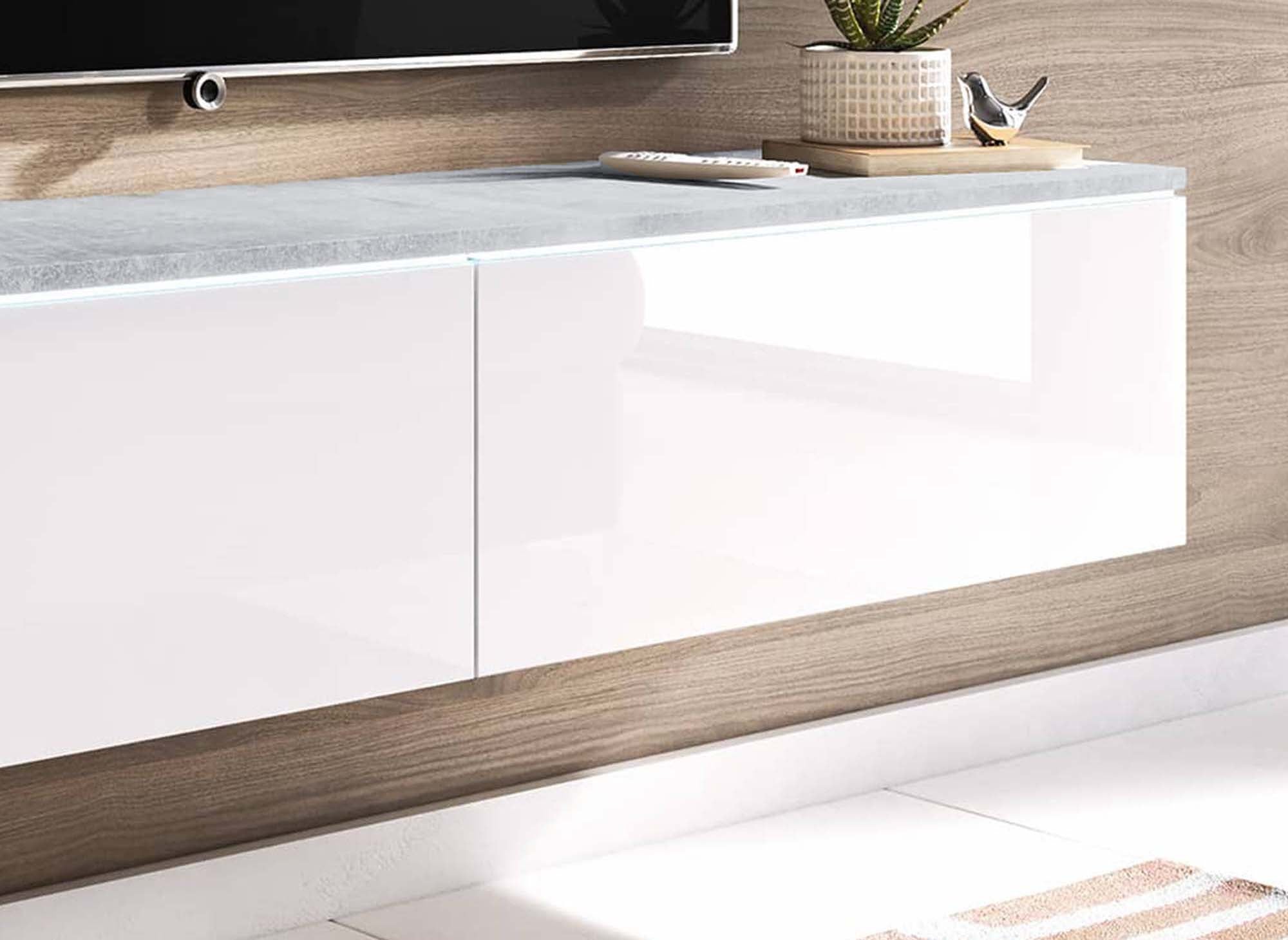 Mueble de TV contemporáneo MALORIE en hormigón y laca blanca con iluminación LED y 2 puertas - 140 cm
