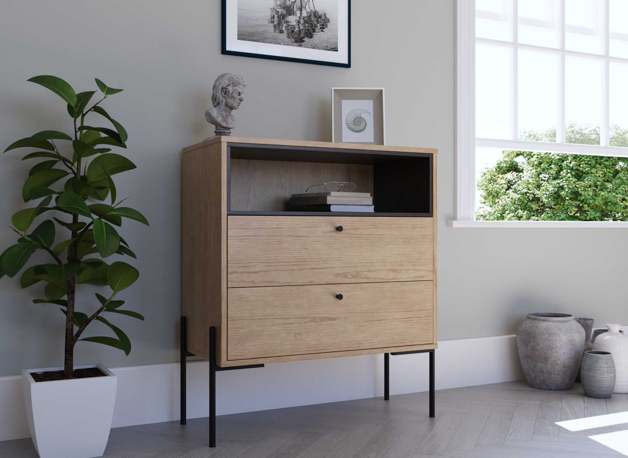 Cómoda SOHANE de 2 cajones en madera clara y metal negro