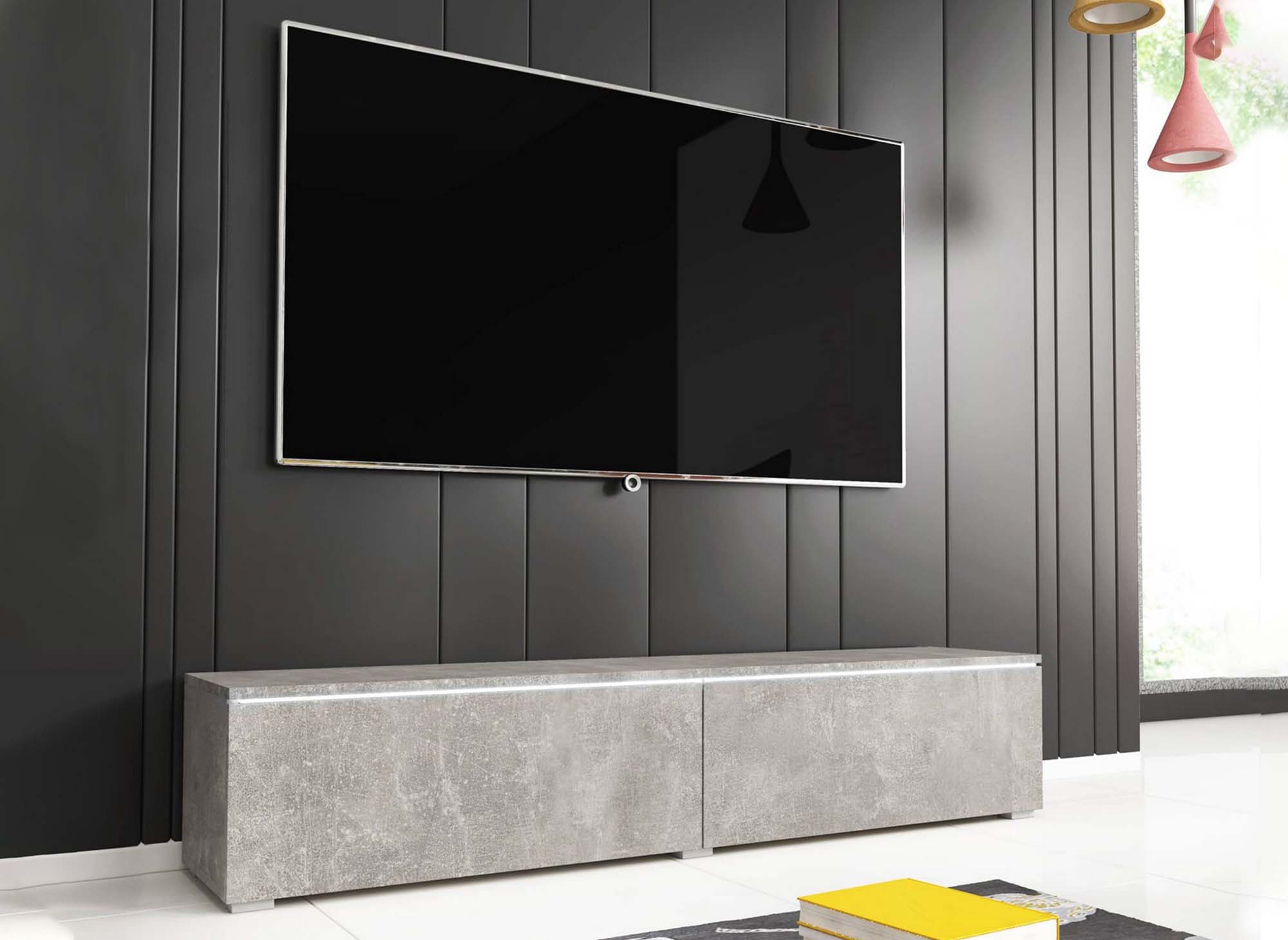Mueble de TV contemporáneo MALORIE en gris hormigón con iluminación LED y 2 puertas - 180 cm