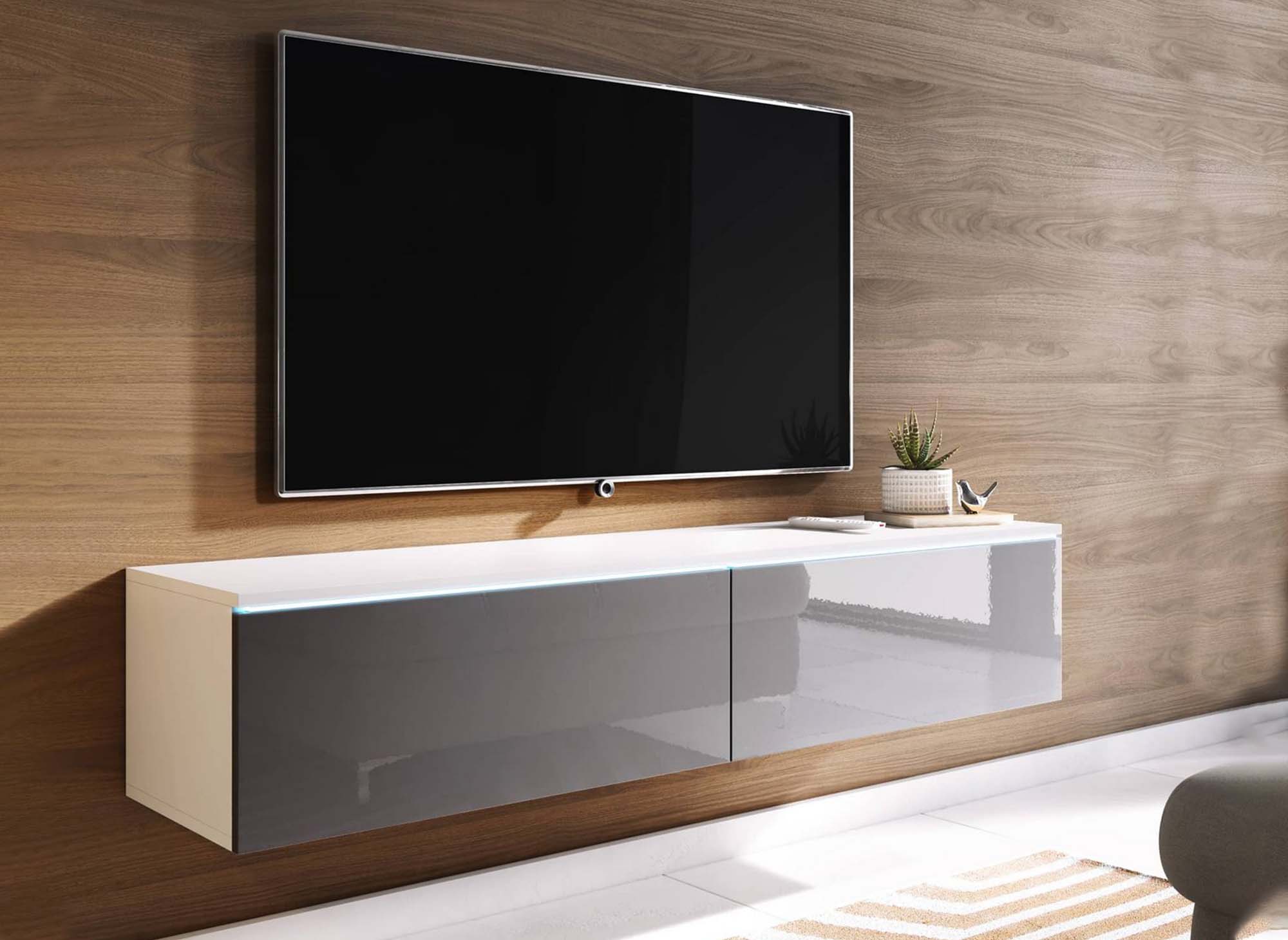 Mueble de TV MALORIE contemporáneo lacado en gris y blanco con iluminación LED y 2 puertas - 180 cm