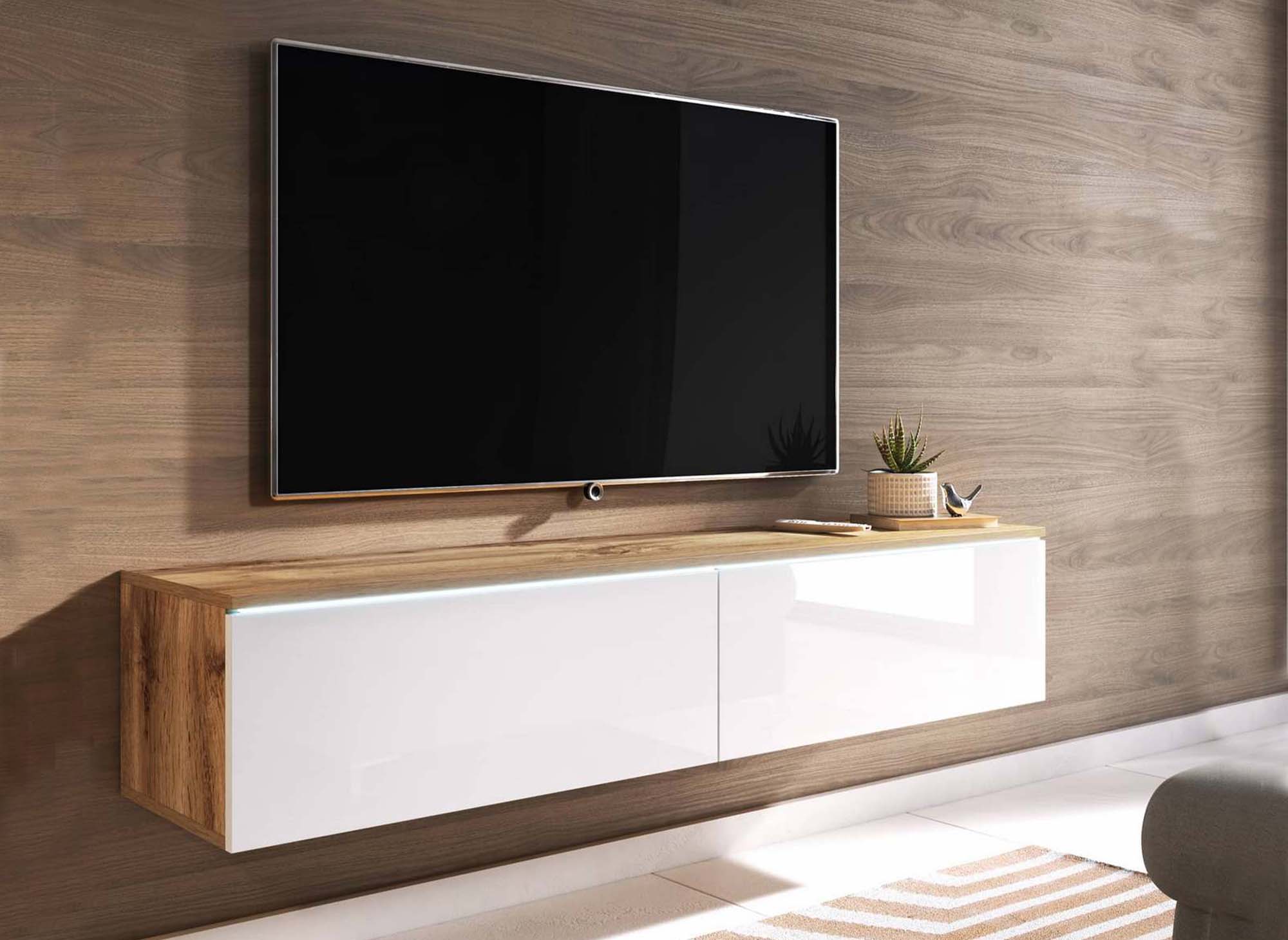 Mueble de TV MALORIE contemporáneo en roble y blanco con iluminación LED y 2 puertas - 180 cm