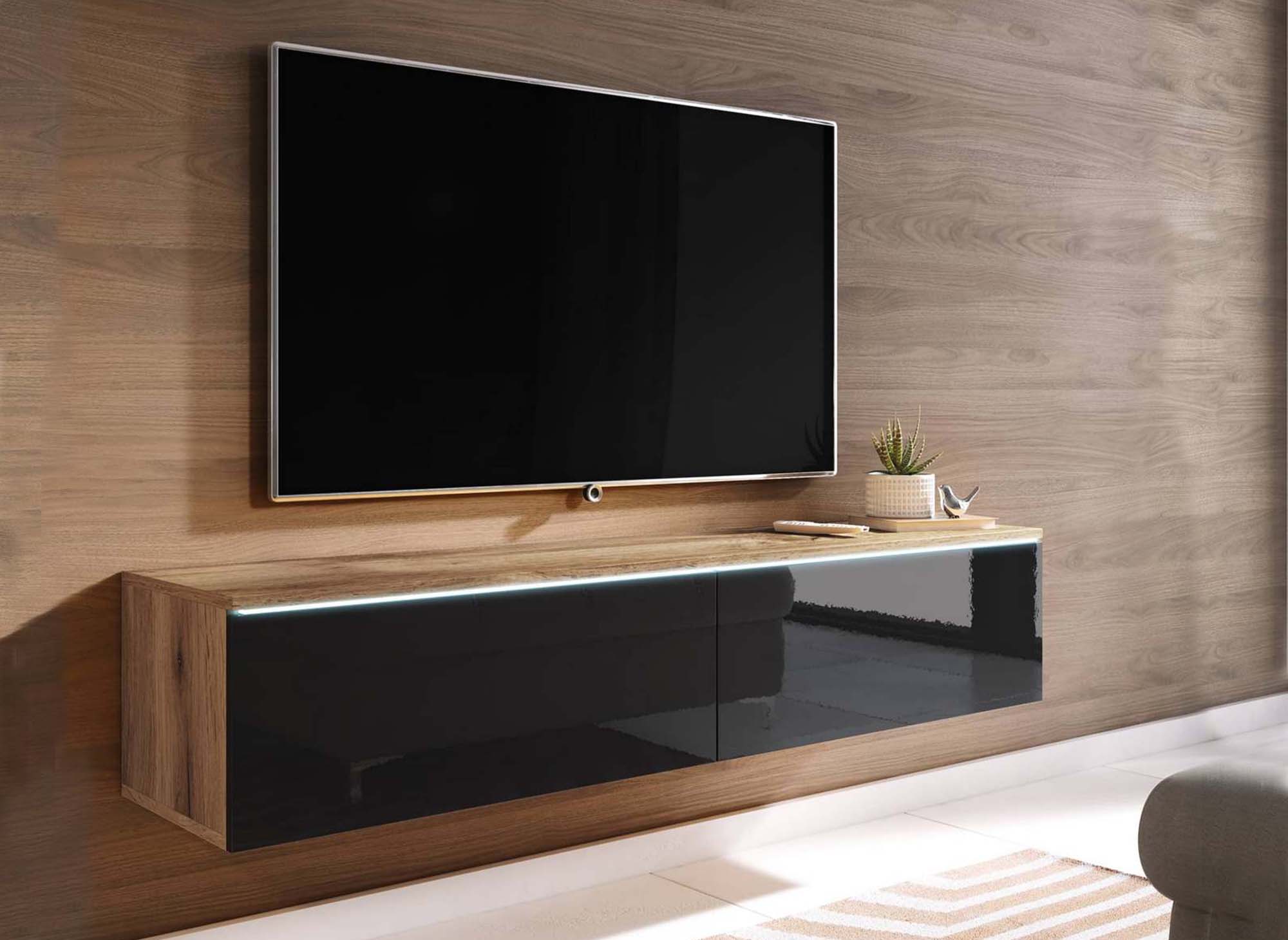 Mueble de TV MALORIE en roble envejecido y laca negra con iluminación LED y 2 puertas - 180 cm