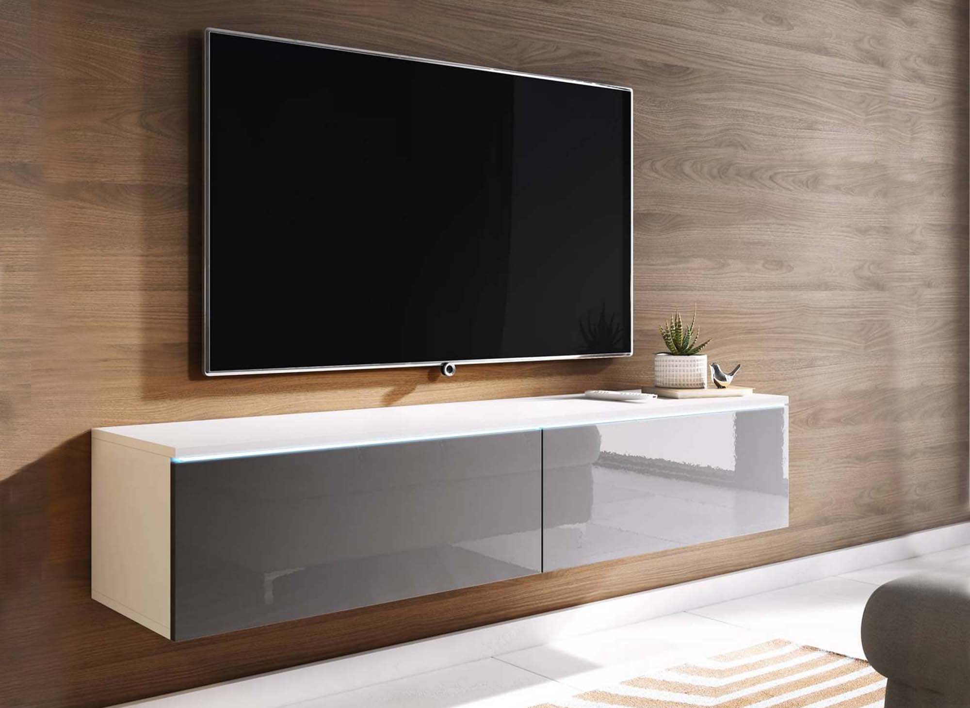 Mueble de TV MALORIE contemporáneo lacado en gris y blanco con iluminación LED y 2 puertas - 140 cm