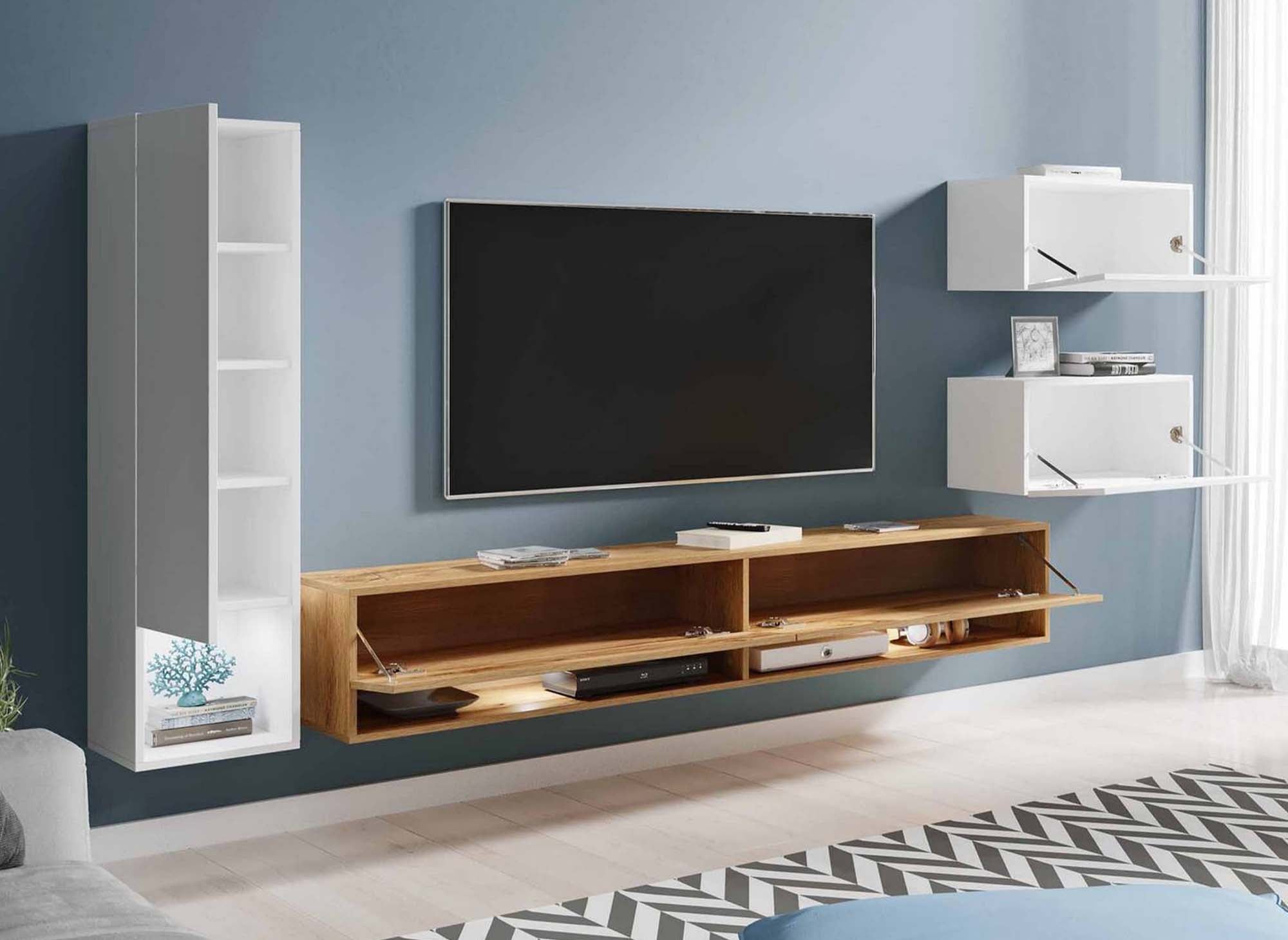 Mueble de TV contemporáneo de roble y lacado blanco con iluminación LED - AMANDA