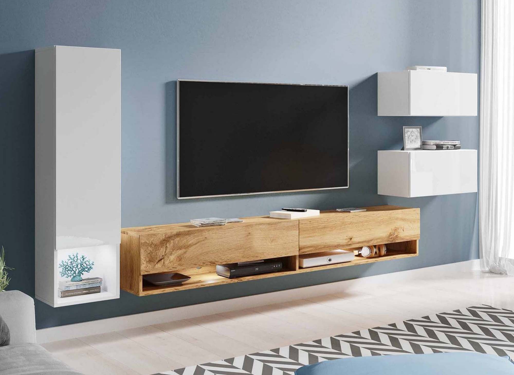 Mueble de TV contemporáneo de roble y lacado blanco con iluminación LED - AMANDA