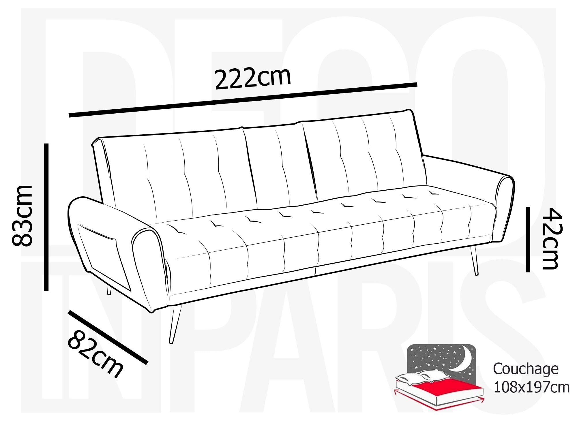 Sofá LIMA de terciopelo azul oscuro con mecanismo clic-clac y portavasos