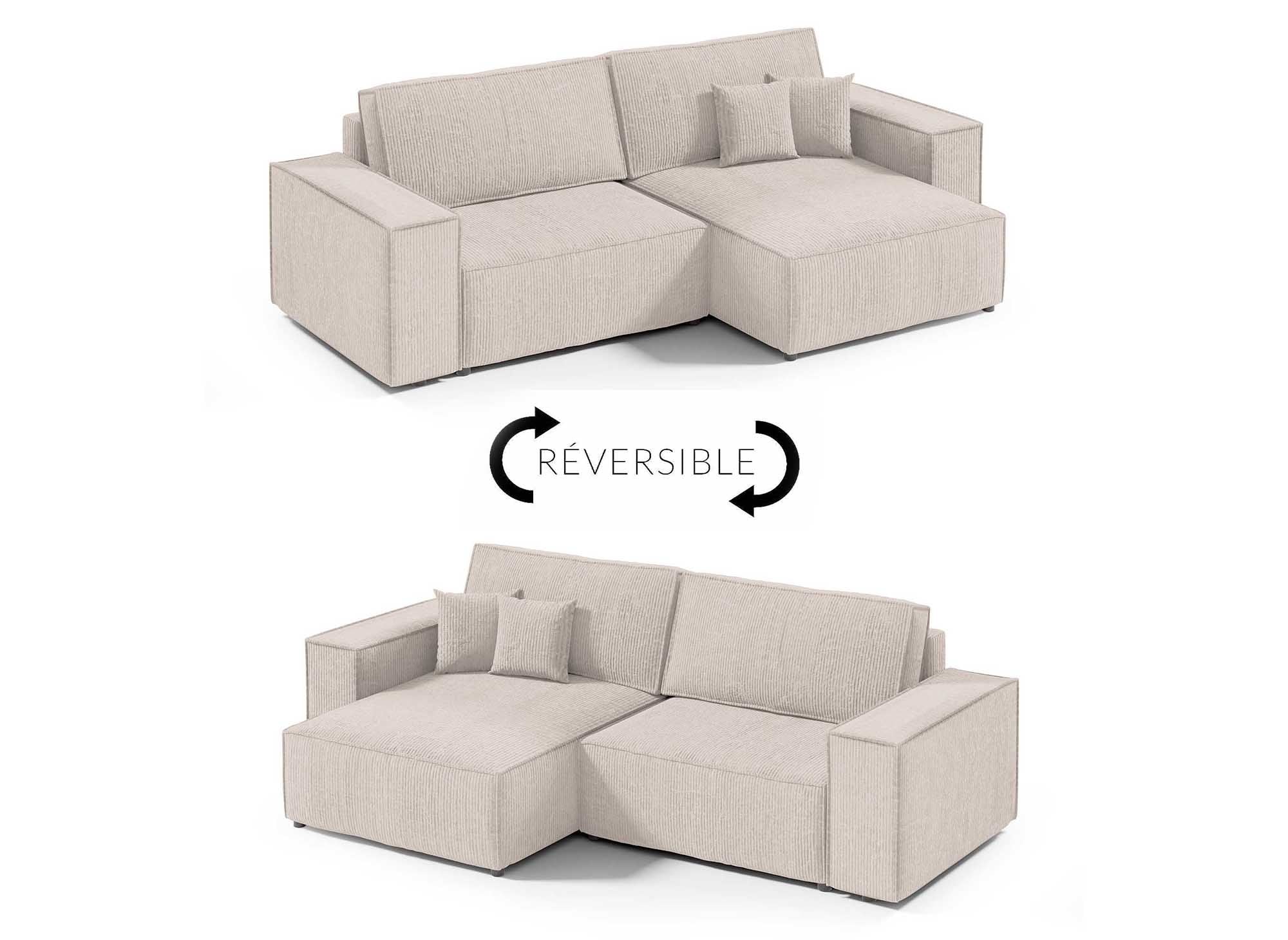 Sofá esquinero convertible y reversible con almacenaje en pana beige JADE MINI