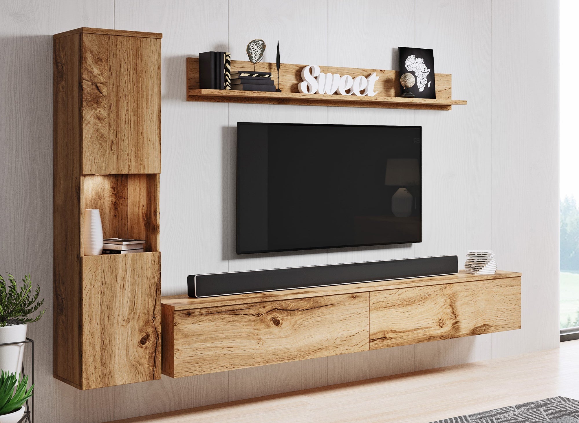Mueble de TV contemporáneo de roble con iluminación LED - ELIOTE