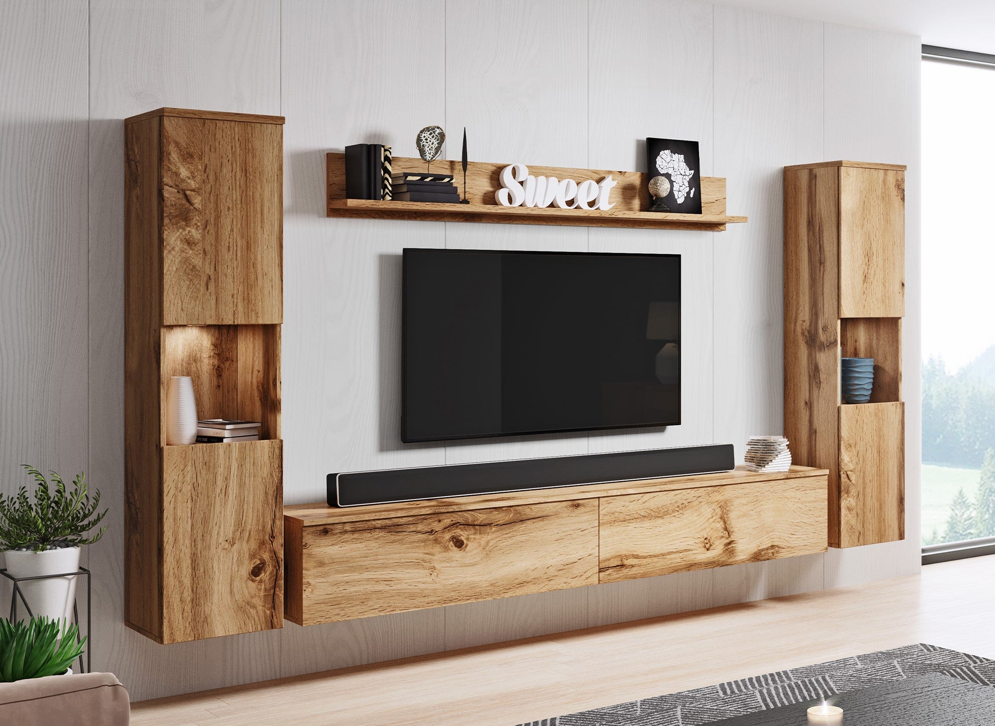 Mueble de TV contemporáneo de roble con iluminación LED - ELIOTE XL
