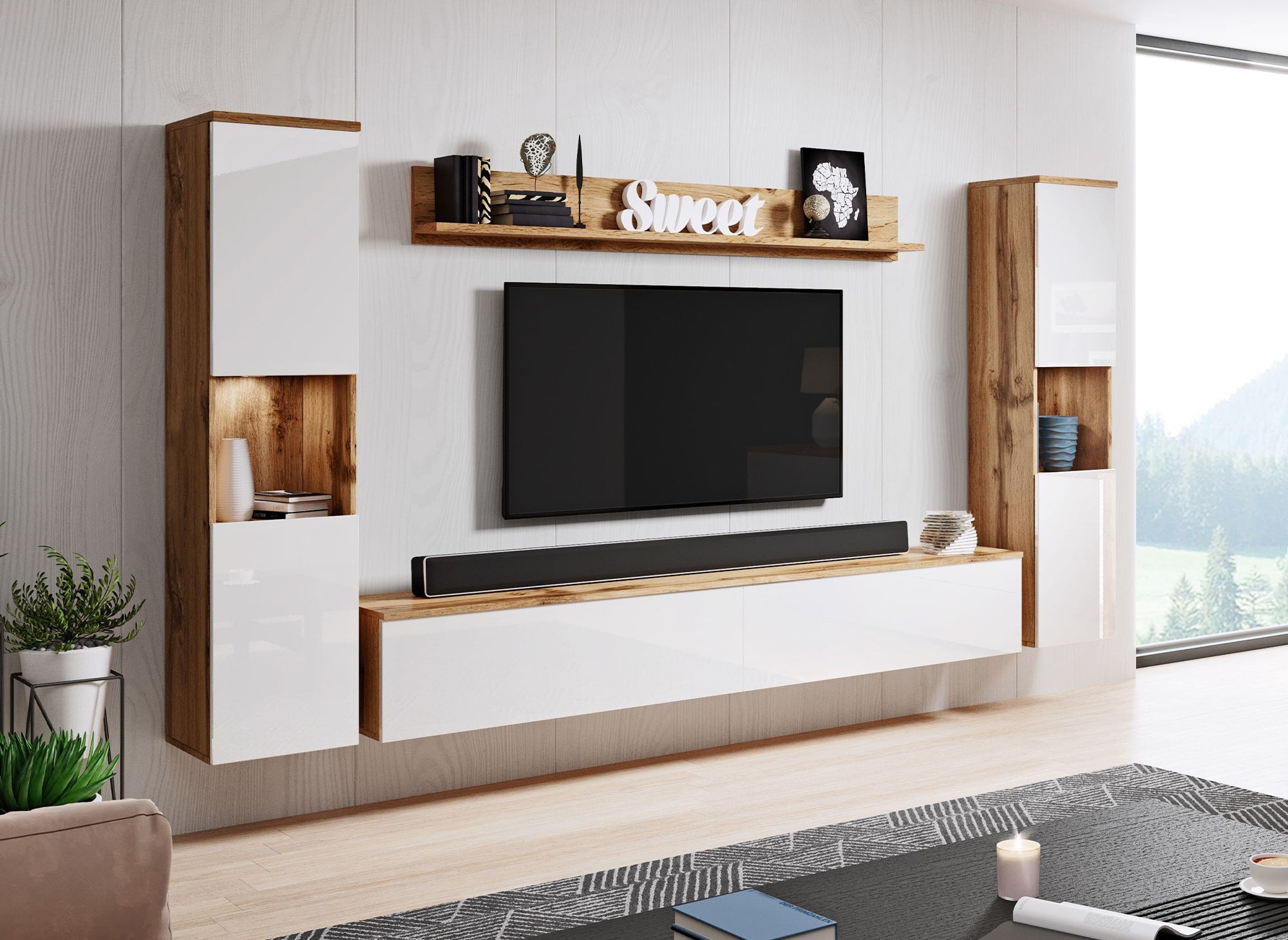 Mueble de TV contemporáneo en roble y blanco con acabado brillante e iluminación LED - ELIOTE XL