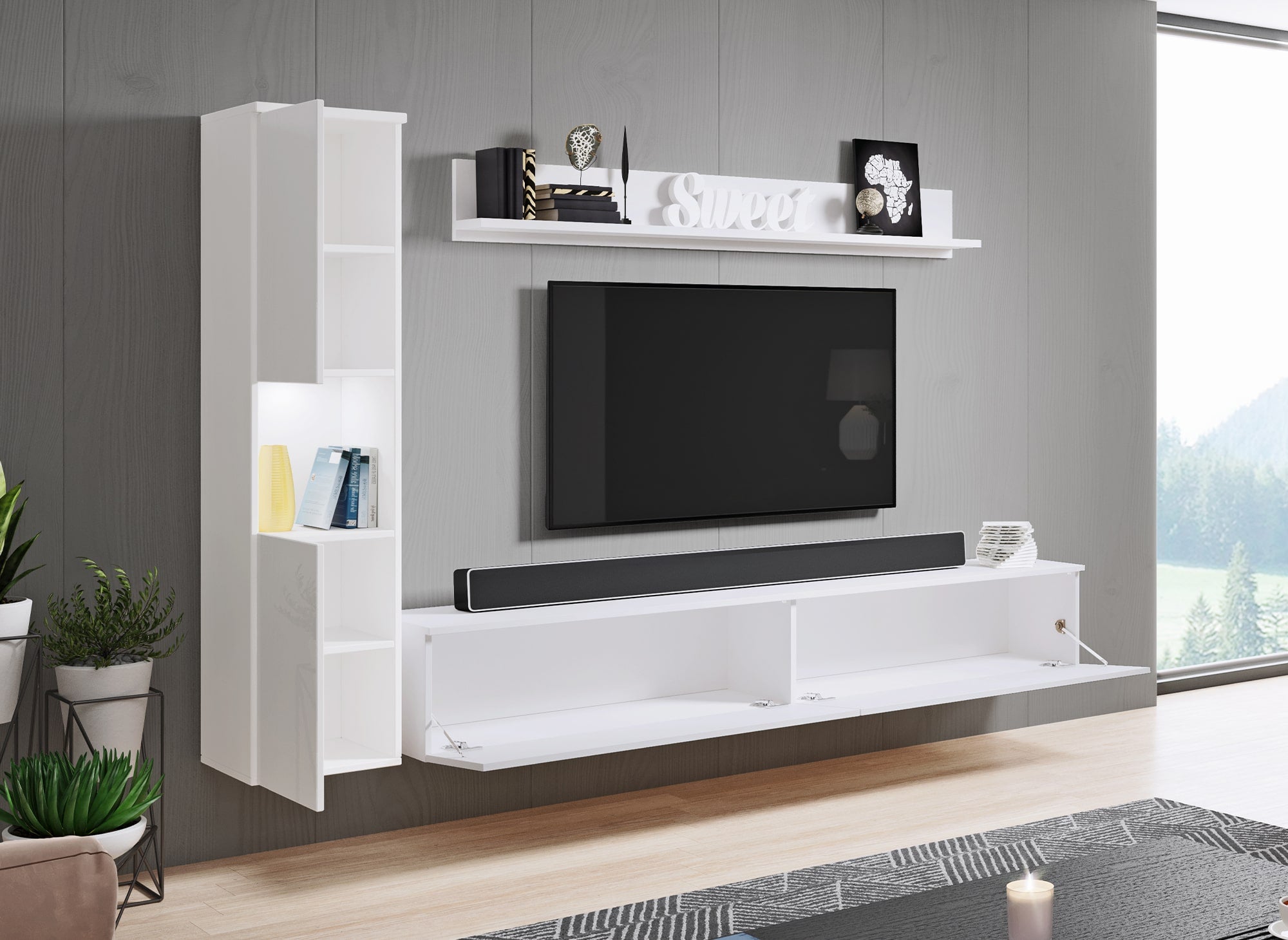 Mueble de TV contemporáneo blanco brillante con iluminación LED - ELIOTE