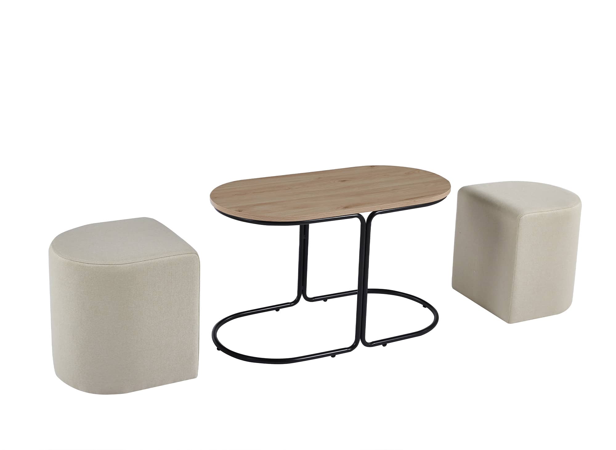 Conjunto de mesa de centro JUDITH en color madera con 2 pufs de tela beige