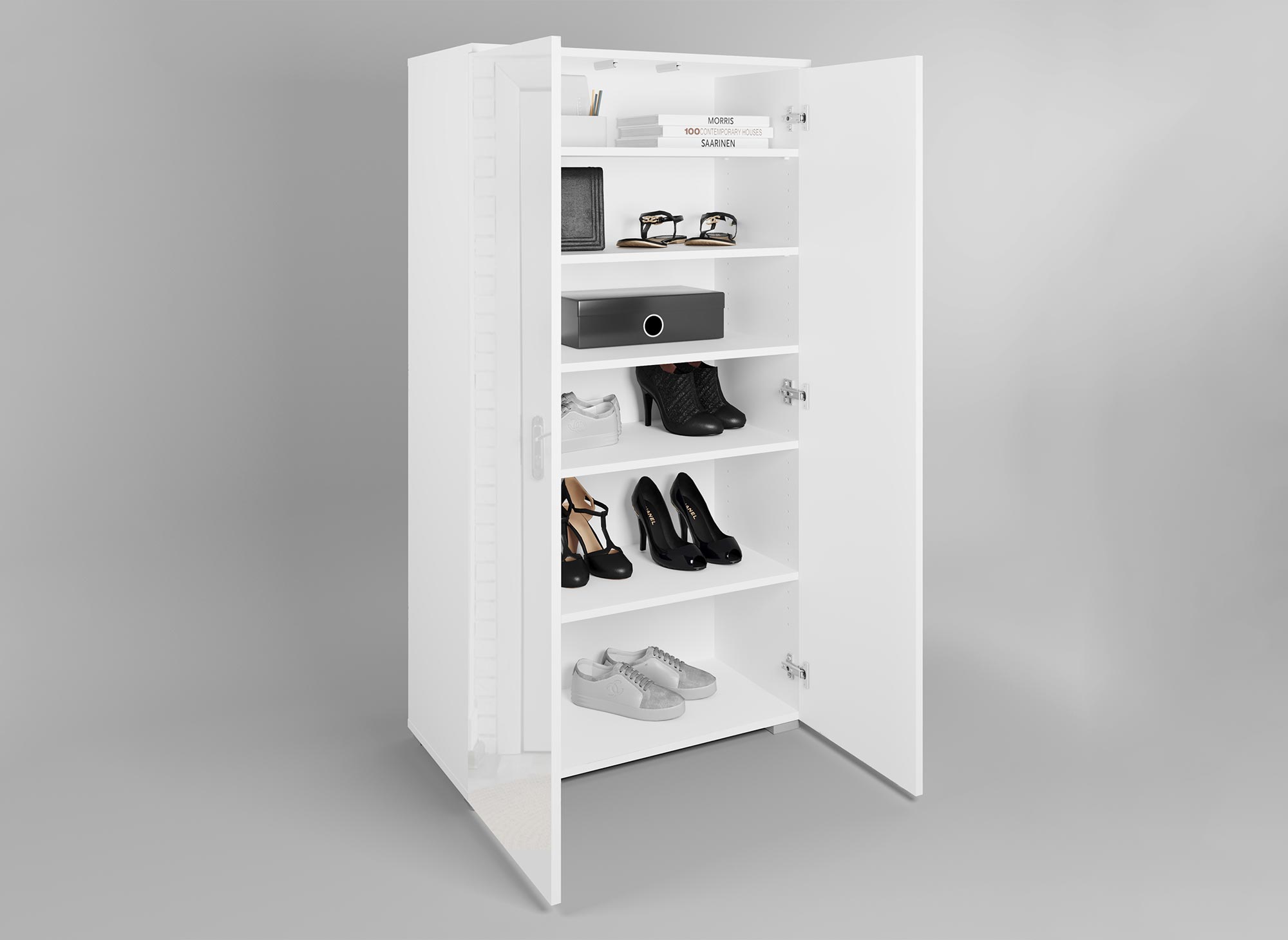 Zapatero BAKI blanco con 2 puertas y 6 cajones