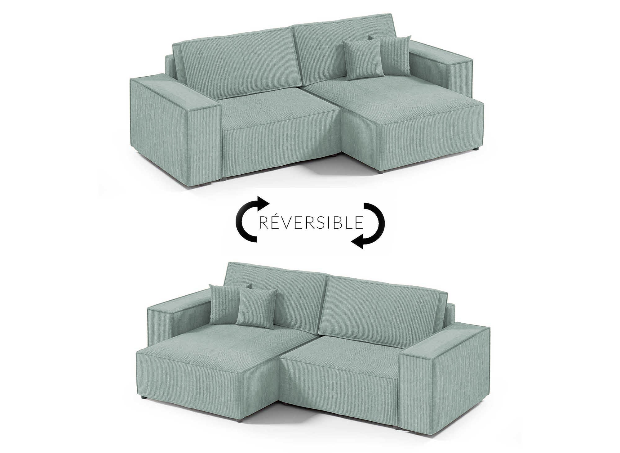 Sofá esquinero convertible y reversible con almacenaje en pana verde claro JADE MINI