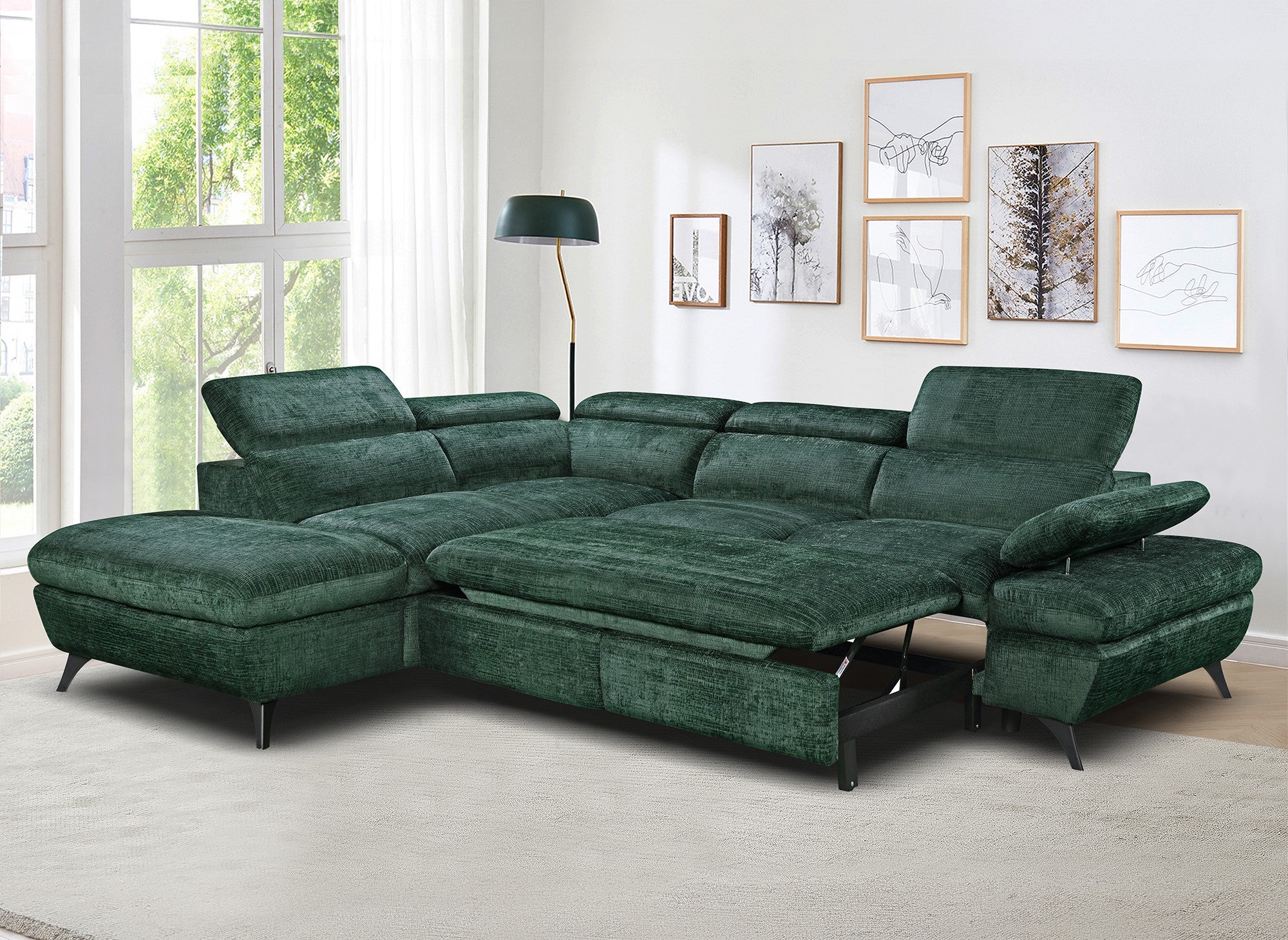 Sofá cama esquinero LUFY con almacenaje en terciopelo verde jaspeado - Esquina izquierda