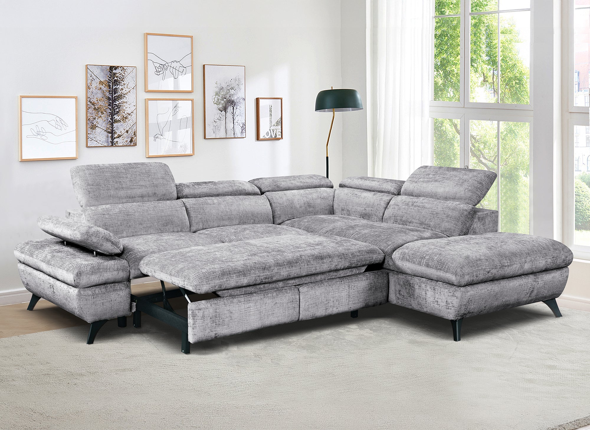 Sofá cama esquinero LUFY con almacenaje en terciopelo gris jaspeado - Esquina derecha