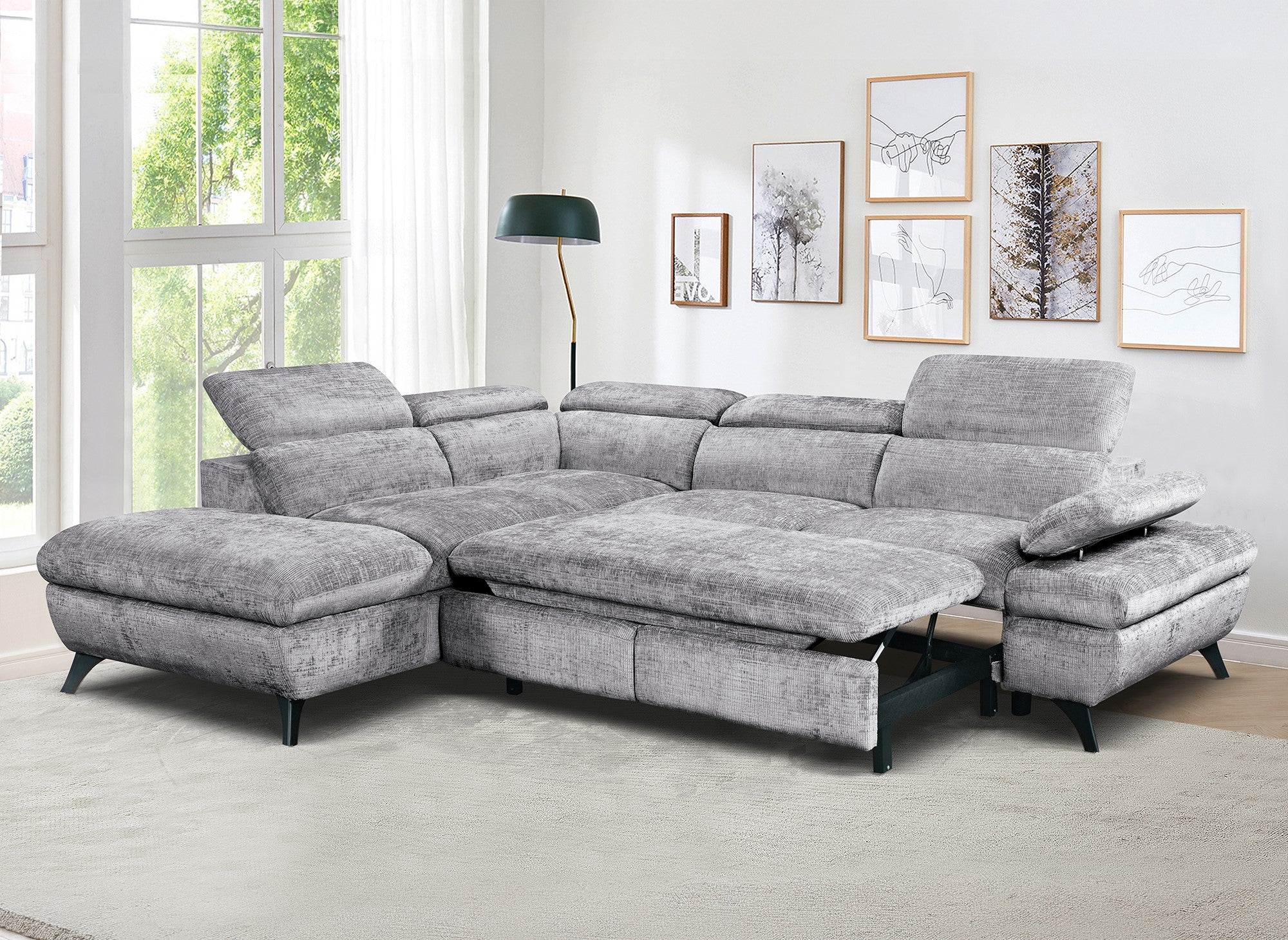 Sofá cama esquinero LUFY con almacenaje en terciopelo gris jaspeado - Esquina izquierda