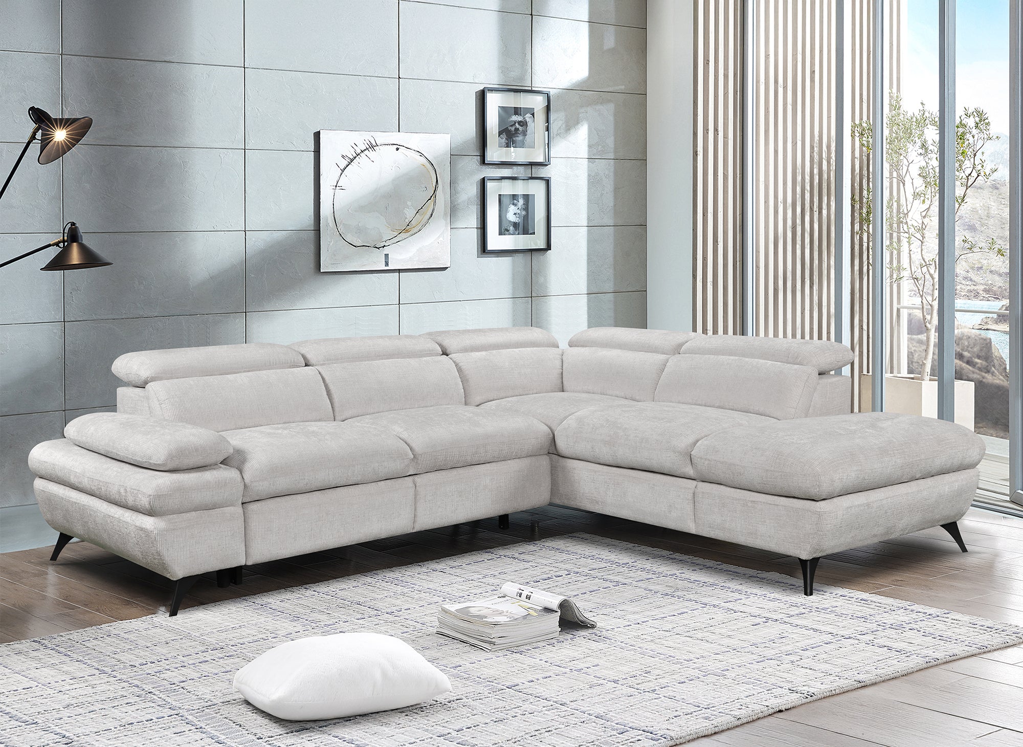 Sofá esquinero convertible LUFY con almacenaje en terciopelo jaspeado color blanco roto - Esquinero derecho