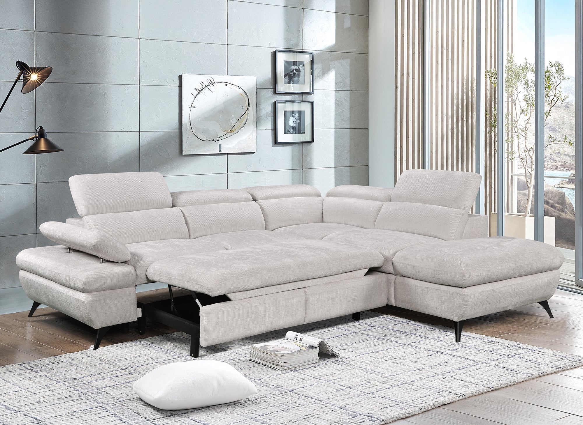 Sofá esquinero convertible LUFY con almacenaje en terciopelo jaspeado color blanco roto - Esquinero derecho