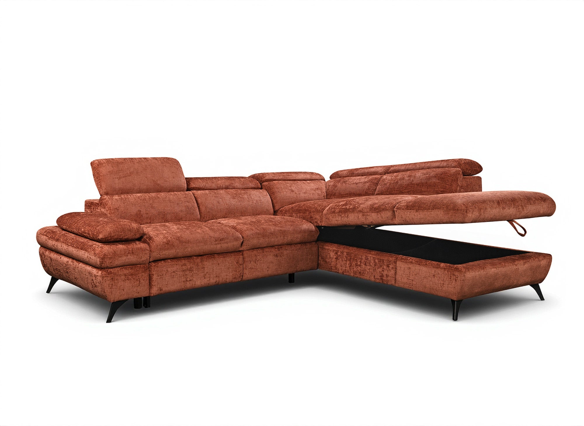 Sofá cama esquinero LUFY con almacenaje en terciopelo moteado terracota - Esquina derecha